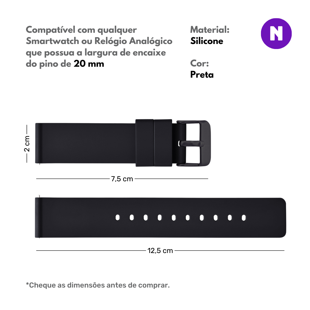 Pulseira 20mm entre Pinos para Samsung Galaxy Watch, Silicone, Preto