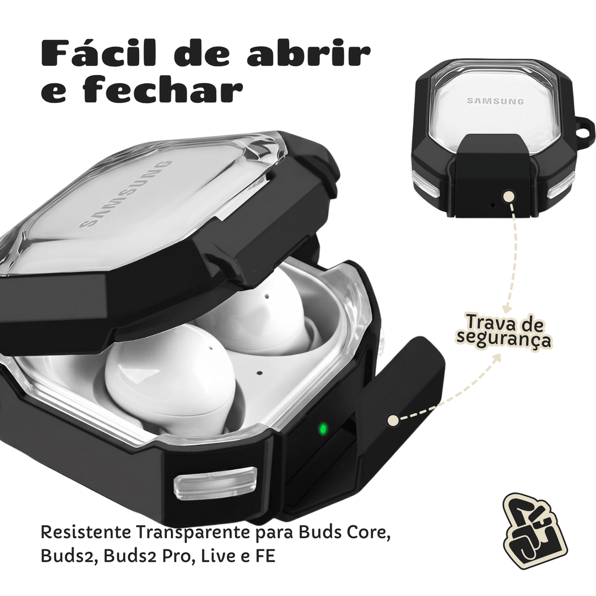 Capa Protetora Nerdcase para Galaxy Buds FE, Buds Core, Buds 2, Pro e Live, Suporte Adaptado, Resistente Transparente
