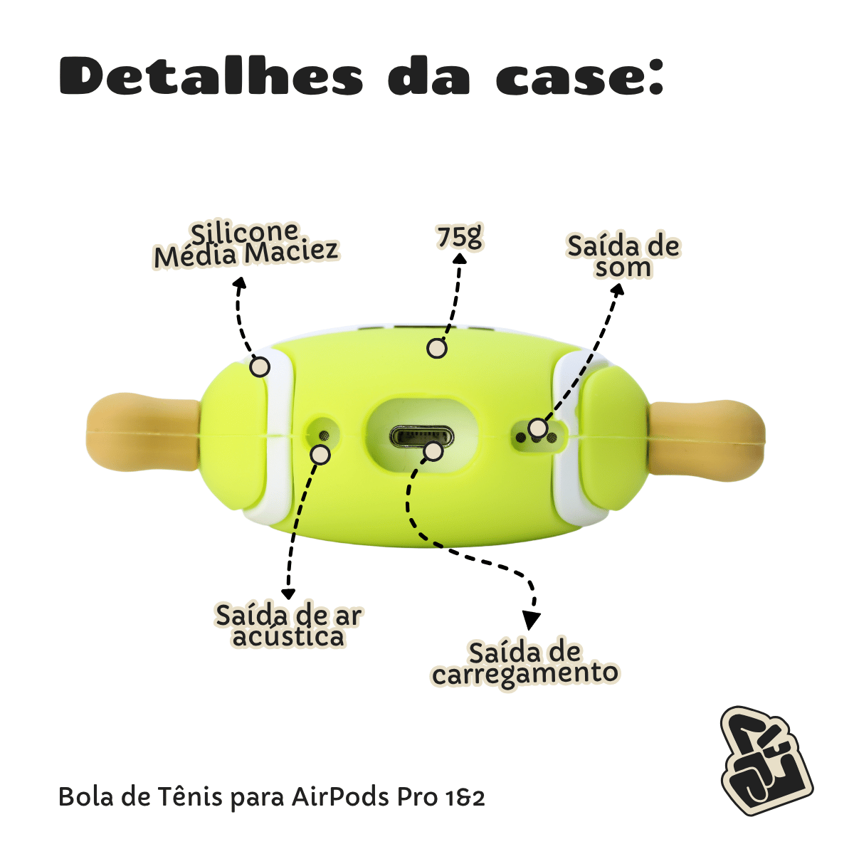Capa Protetora de Silicone Nerdcase para AirPods Pro 1 e 2, Bola de Tênis