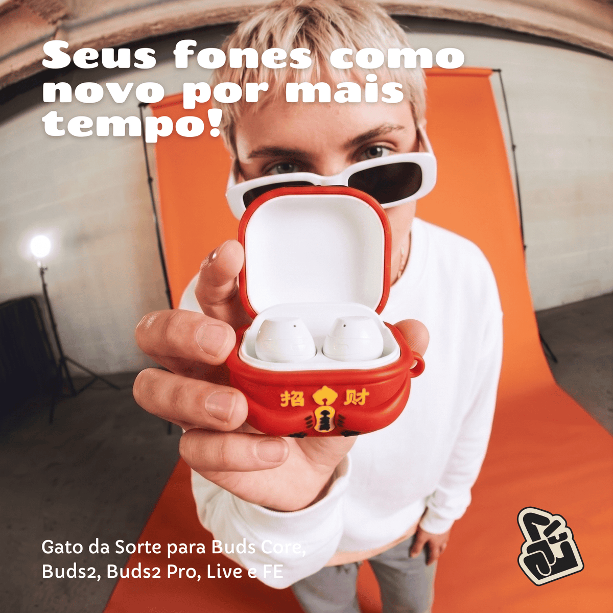 Capa Protetora Nerdcase para Samsung Galaxy Buds 2, Core, FE, Live e Pro, Silicone, Gato da Sorte