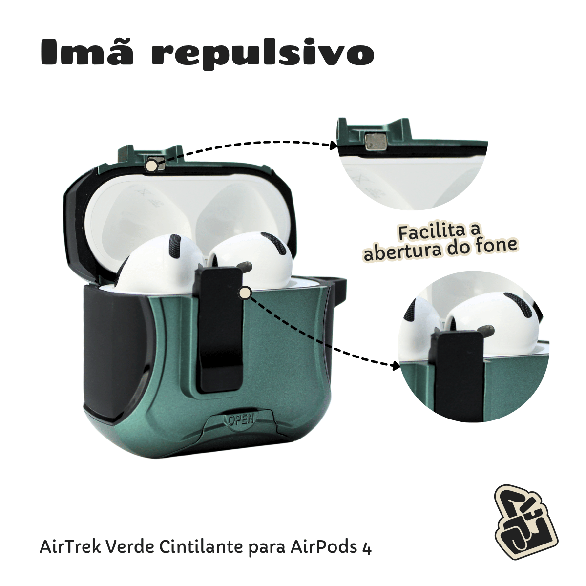 Kit Limpador para Fones e Capa Protetora Airtrek Nerdcase para AirPods 4, Suporte Adaptado, Verde Cintilante