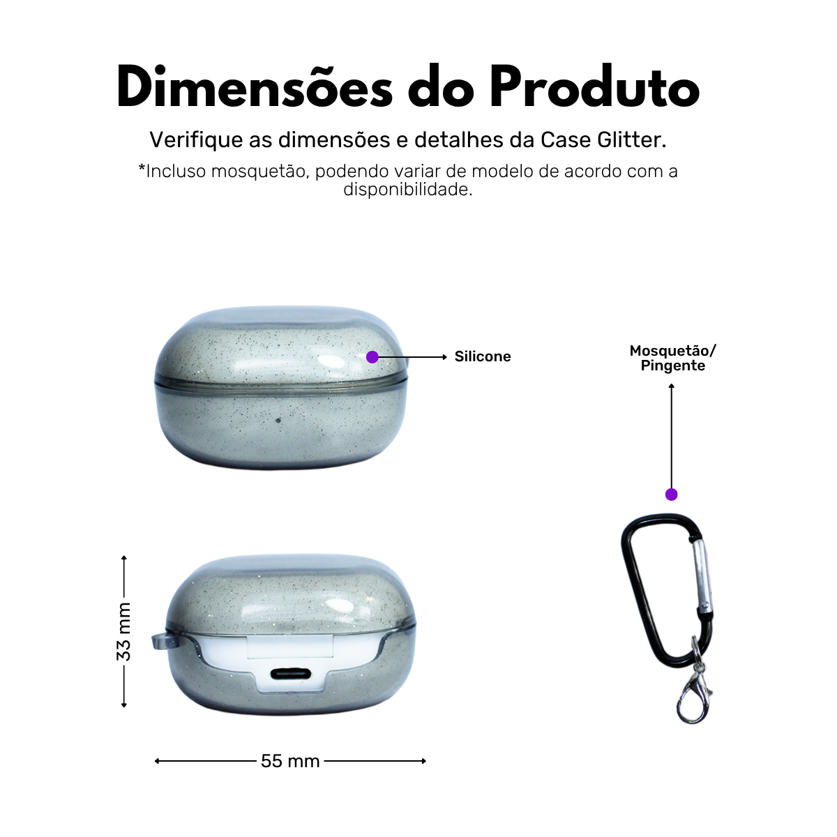 Capa Silicone com Glitter Nerdcase Compatível com Galaxy Buds FE/2/Pro/Live, Cinza Fumê