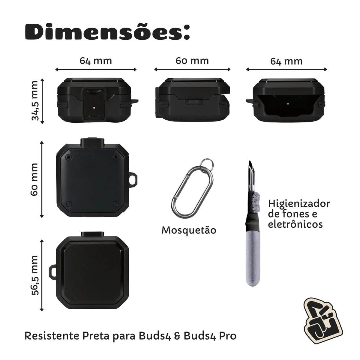Kit Limpador para Fones e Capa Protetora Nerdcase para Galaxy Buds 4, Buds 4 Pro, Silicone Premium Resistente, Preta