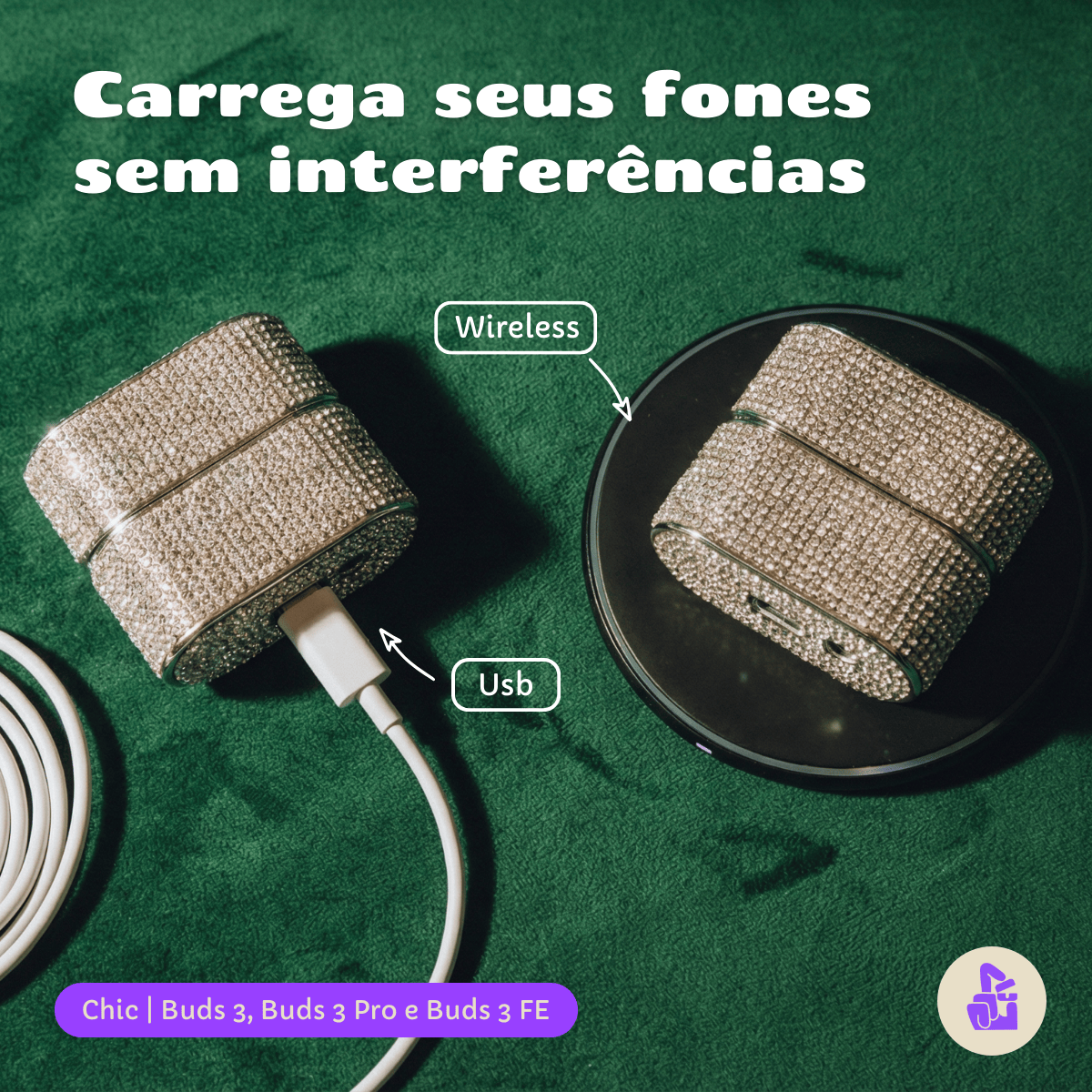 Kit Limpador para Fones e Capa Protetora Chic Nerdcase para Galaxy Buds 3, Buds Pro 3, Buds3 FE, Strass Prata