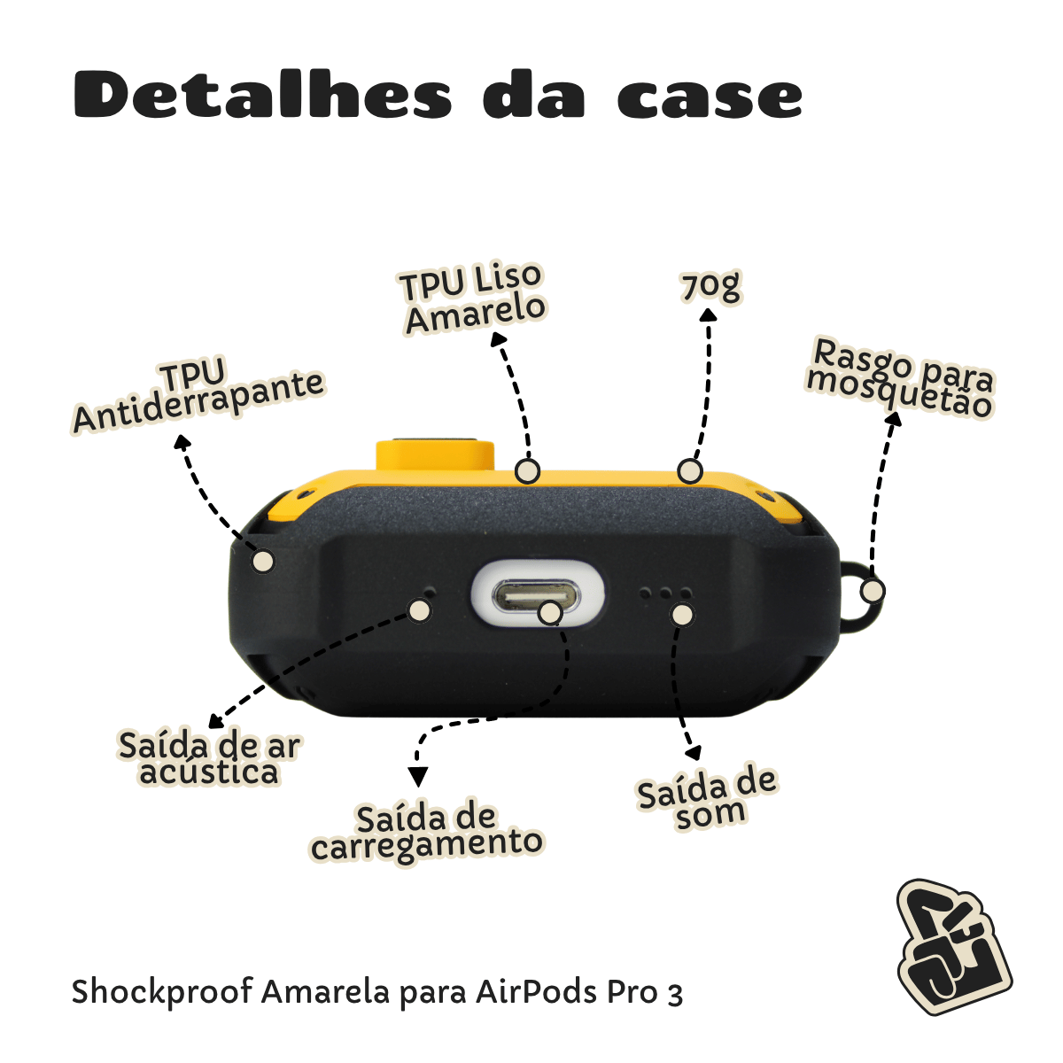 Kit Limpador para Fones e Capa Protetora Nerdcase para AirPods Pro 3, Shockproof Amarelo e Preto