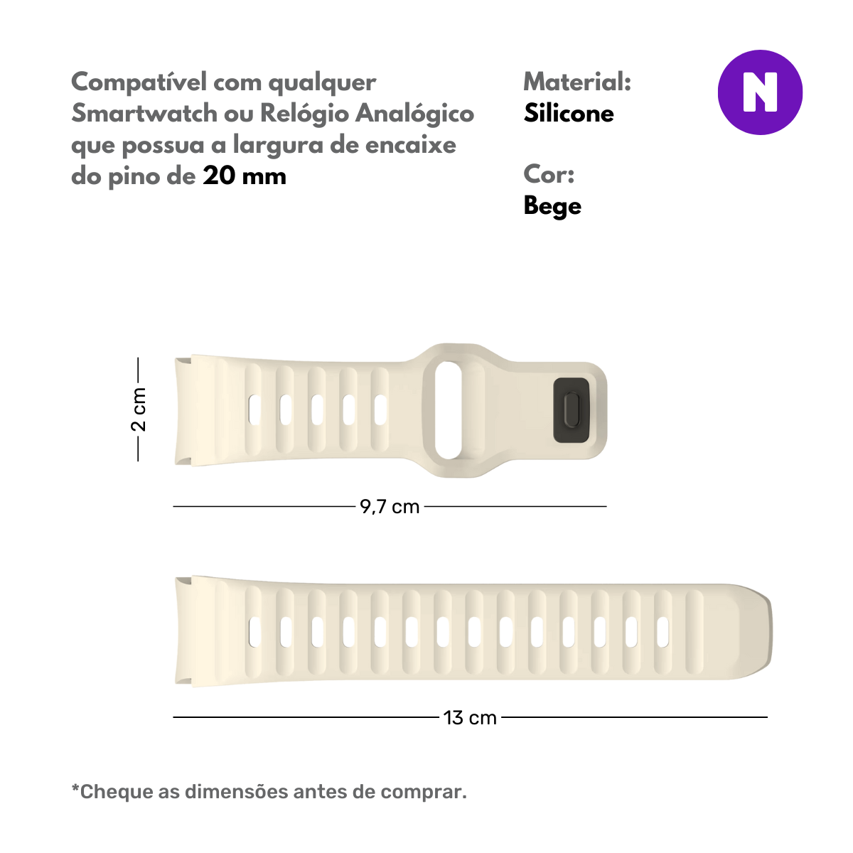 Pulseira 20mm entre Pinos para Samsung Galaxy Watch, Silicone, Bege