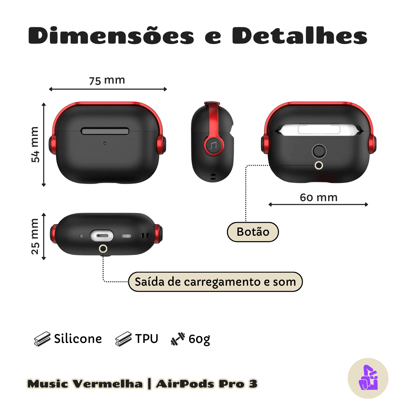 Kit Limpador para Fones e Capa Protetora de Silicone Nerdcase para AirPods Pro 3, Music Preto e Vermelho