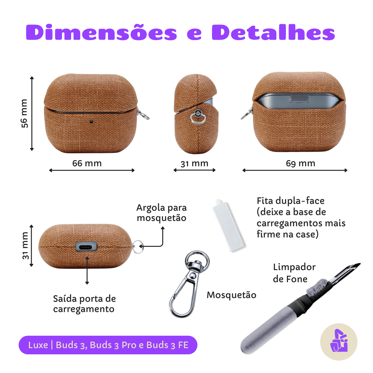 Kit Limpador para Fones e Capa Protetora Luxe Nerdcase para Samsung Galaxy Buds 3, Buds Pro 3, Buds3 FE, Caramelo