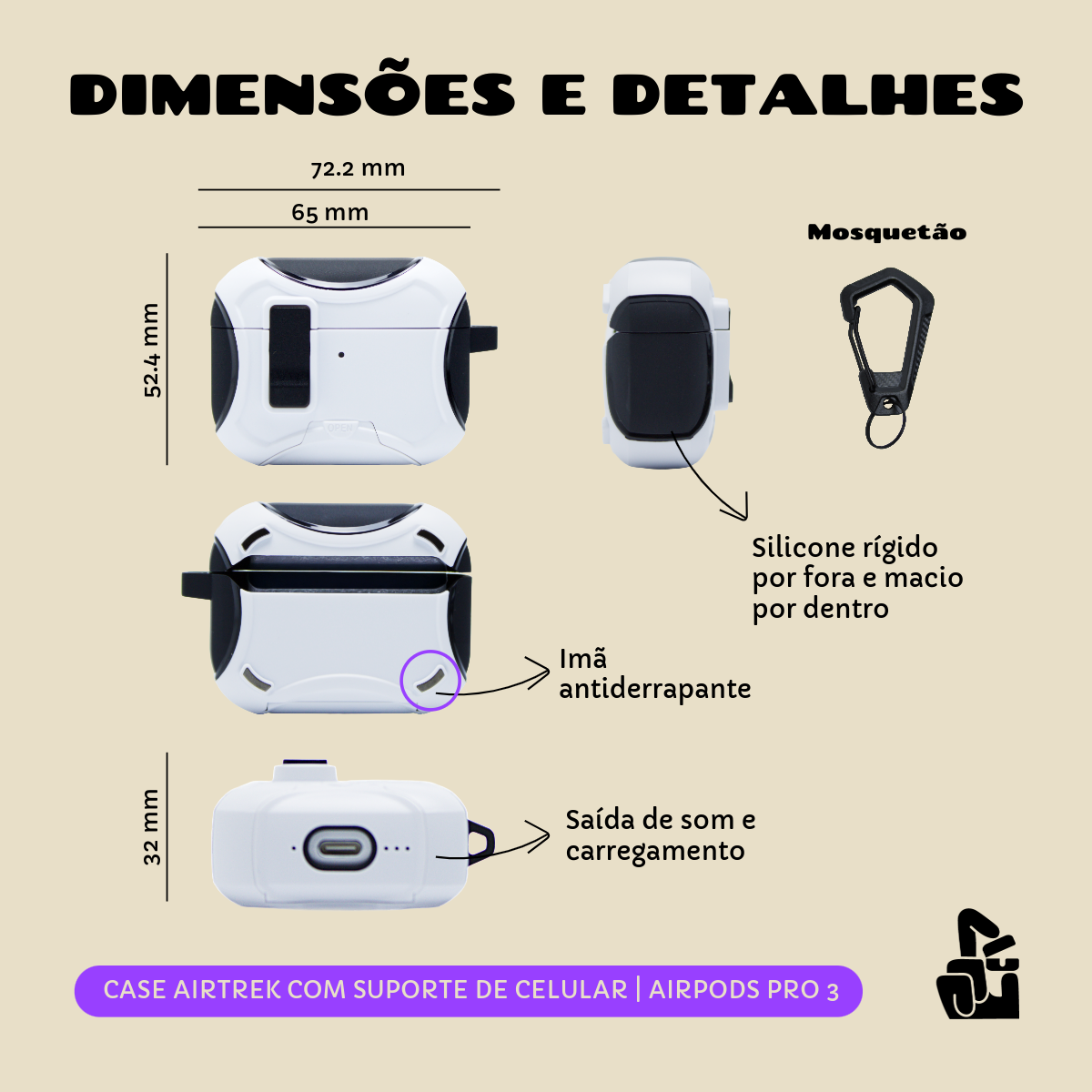 Capa Protetora Airtrek Nerdcase para AirPods Pro 3, Suporte Adaptado, Preto e Branco