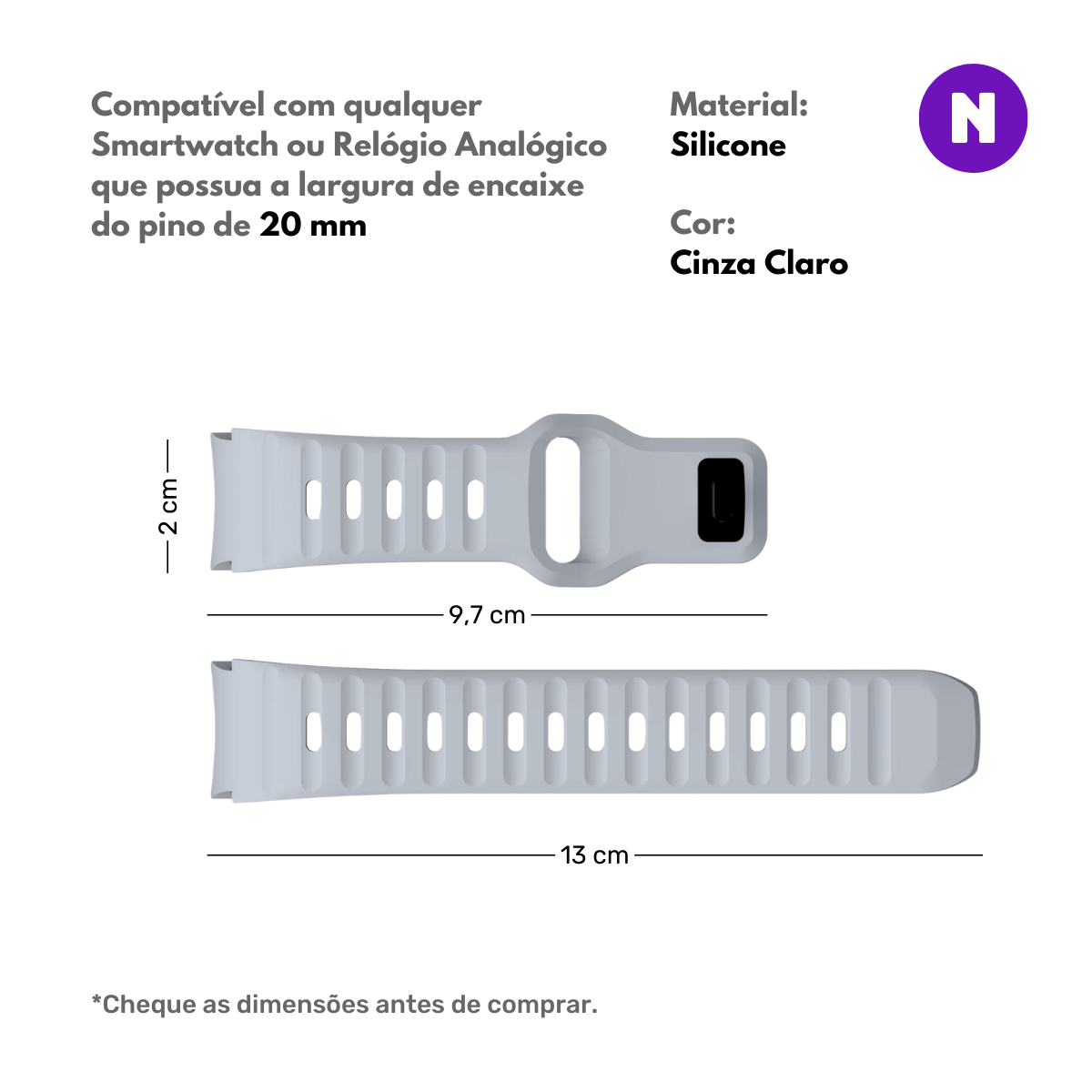 Pulseira 20mm entre Pinos para Samsung Galaxy Watch, Silicone, Cinza