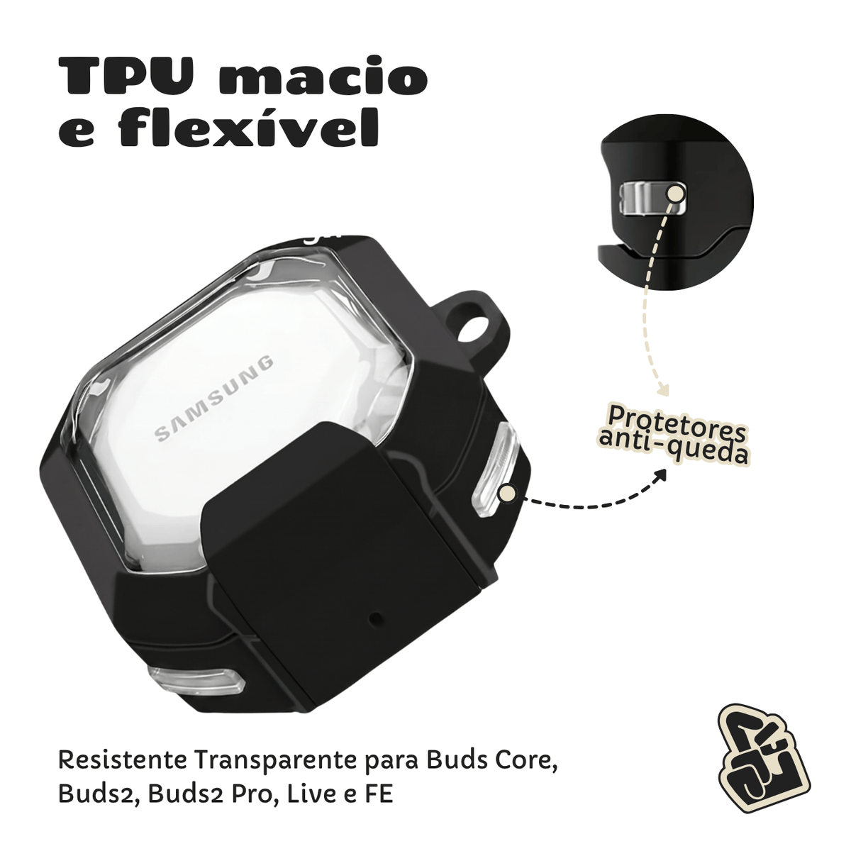 Kit Limpador para fones e Capa Nerdcase para Galaxy Buds FE, Core, 2, Pro e Live, Suporte, Resistente Transparente