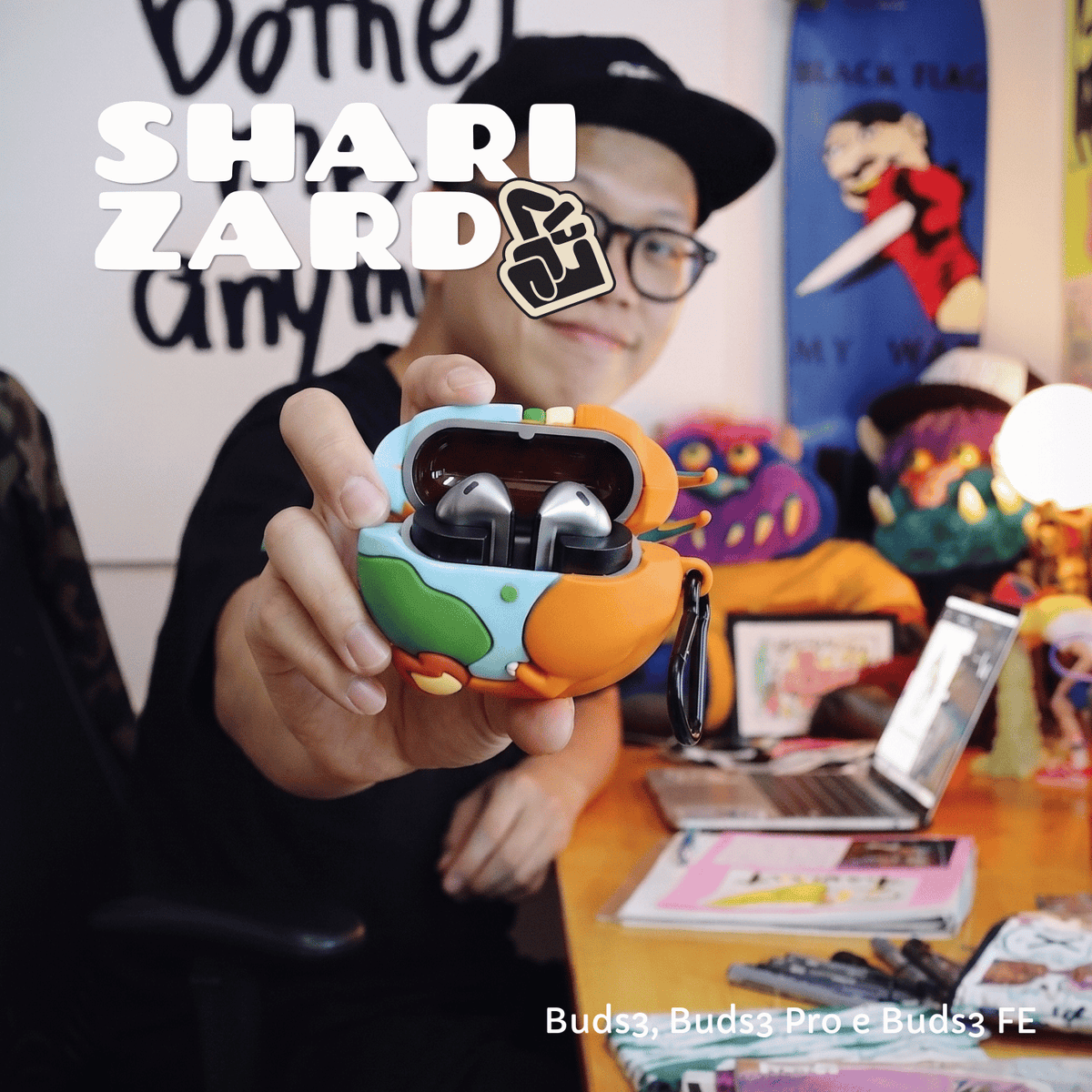 Kit Limpador para Fone e Capa Protetora Nerdcase para Galaxy Buds 3, Buds 3 Pro, Buds3 Fe, Silicone, Pokémon Sharizard