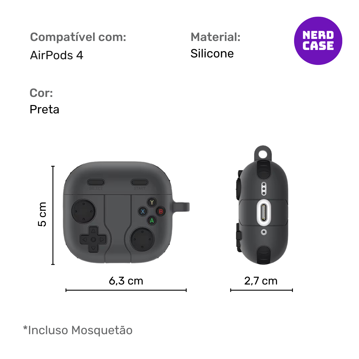 Kit Limpador de Fones e Capa Protetora Nerdcase para AirPods 4, Formato Controle Gamer, Preto, Silicone