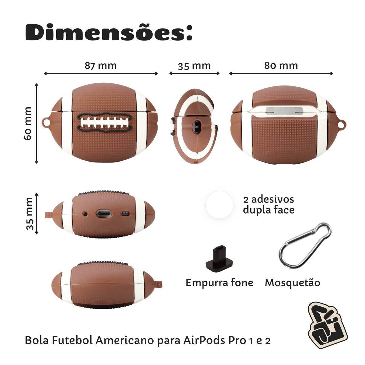 Capa Protetora Nerdcase Compatível com AirPods Pro 1 e 2, Silicone, Bola de Futebol Americano