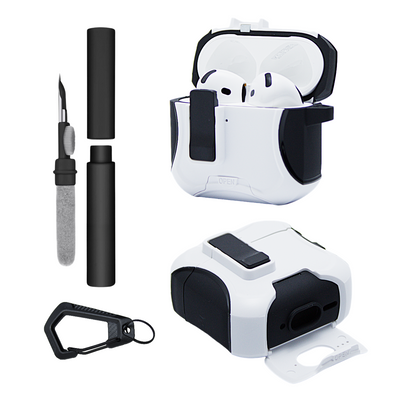 Kit Limpador para Fones e Capa Airtrek Nerdcase para AirPods 4, Suporte Adaptado, Preto e Branco