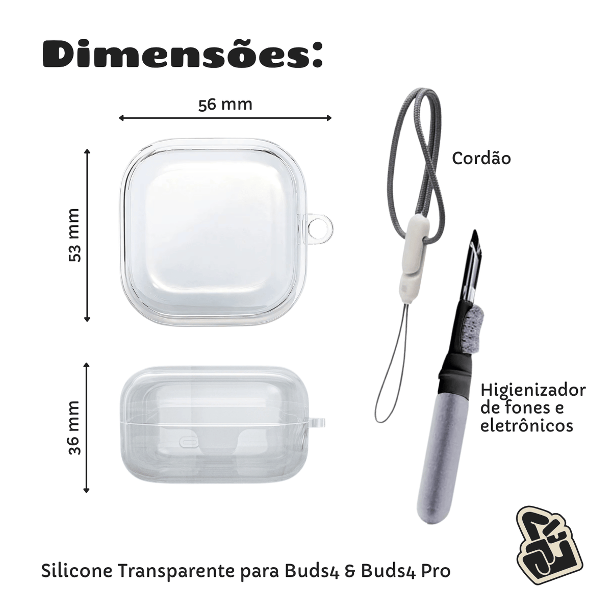 Kit Limpador para Fones e Capa Protetora Nerdcase para Galaxy Buds 4, Buds 4 Pro, Silicone, Transparente com Cordão