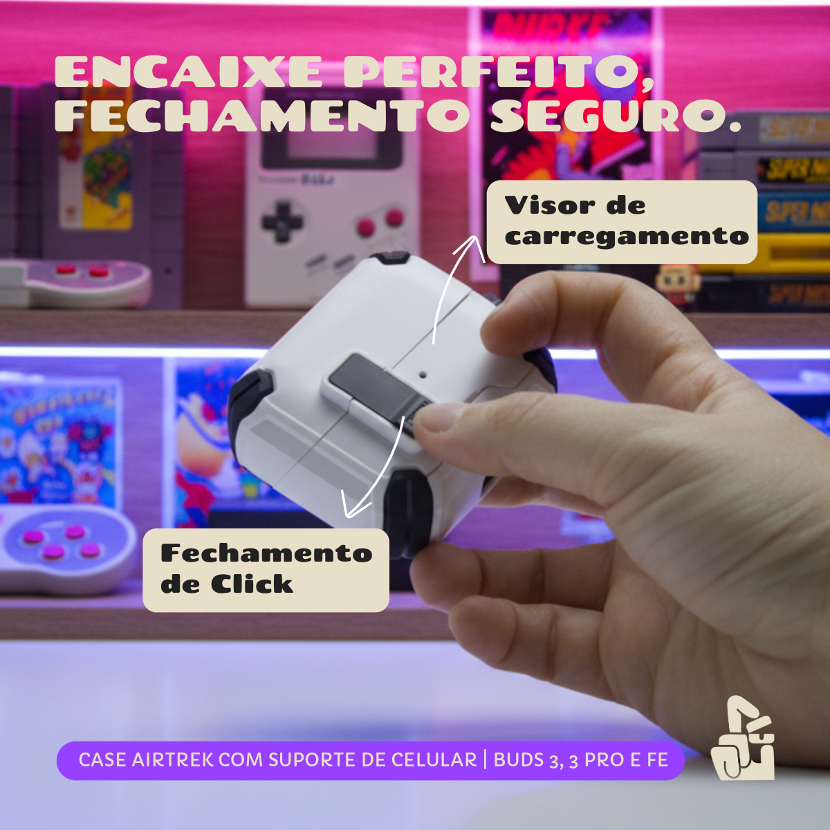 Kit Limpador para Fones e Capa Protetora Airtrek Nerdcase para Samsung Galaxy Buds 3, Buds Pro 3, Buds 3 FE, Preto e Bra