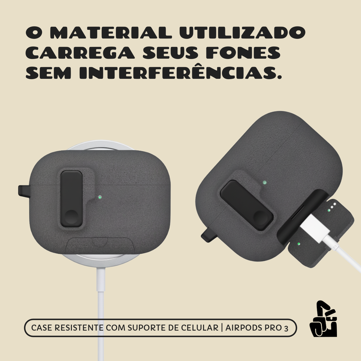 Kit Limpador para Fones e Capa Protetora Nerdcase para AirPods Pro 3, Suporte Adaptado, Silicone Rígido Cinza