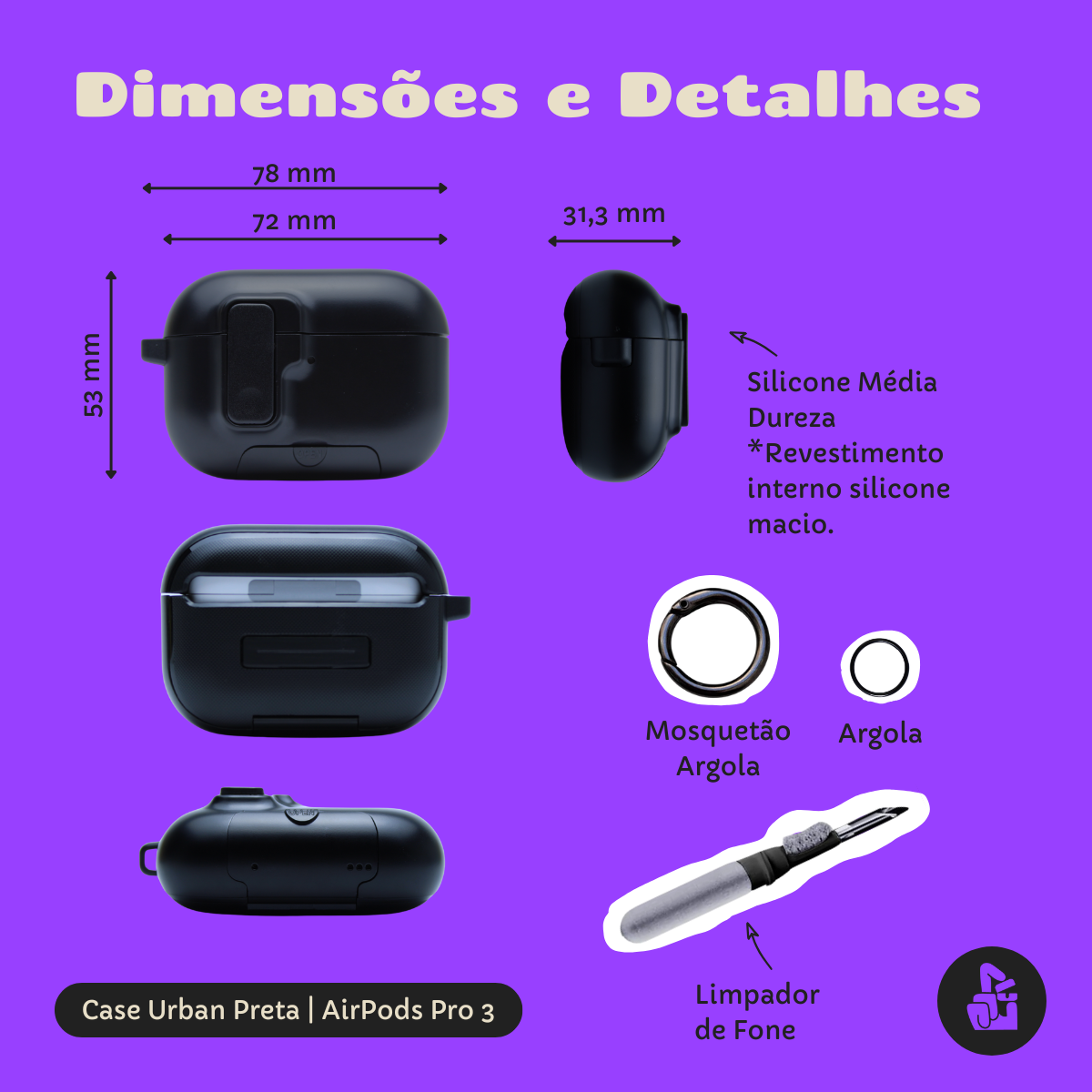 Kit Limpador para Fones e Capa Protetora Urban Nerdcase para AirPods Pro 3, Silicone Preta