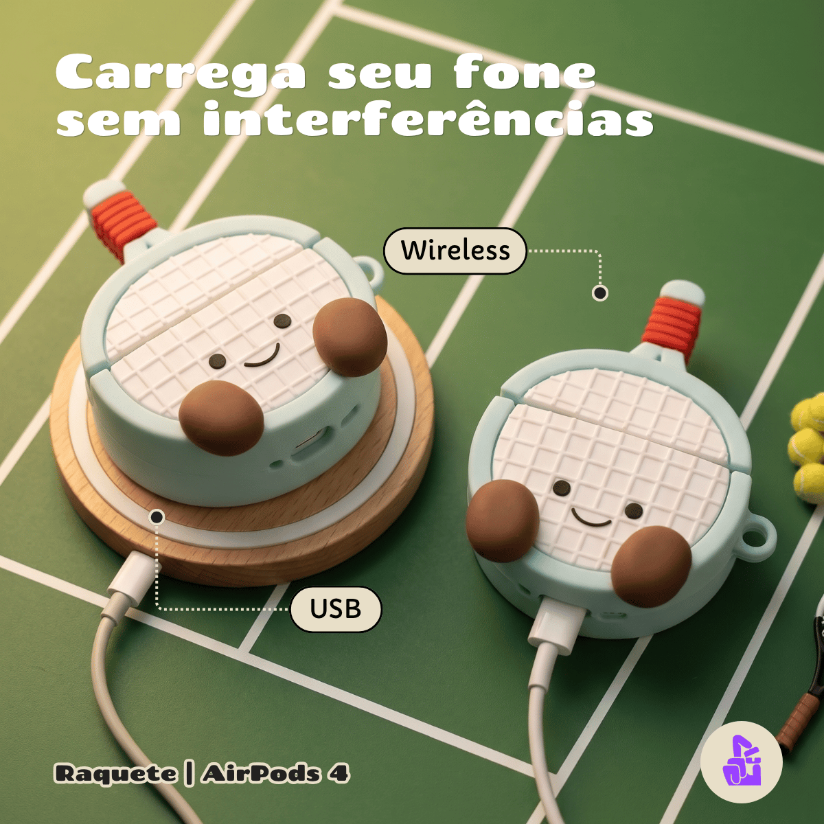 Kit Limpador para Fones e Capa Protetora de Silicone Nerdcase para AirPods 4, Raquete Azul
