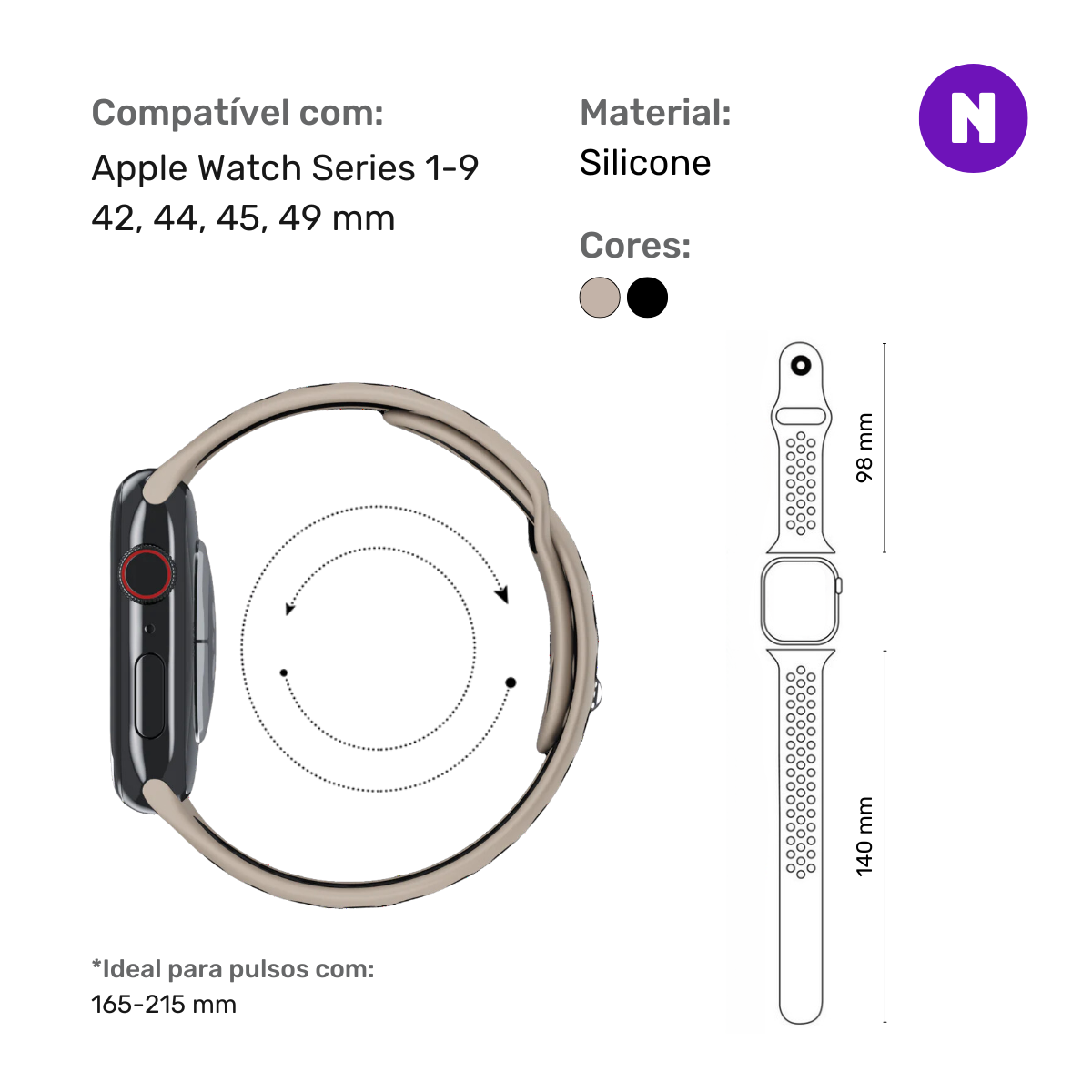 Pulseira 42/44/45/49mm para Apple Watch, Bege/Preto
