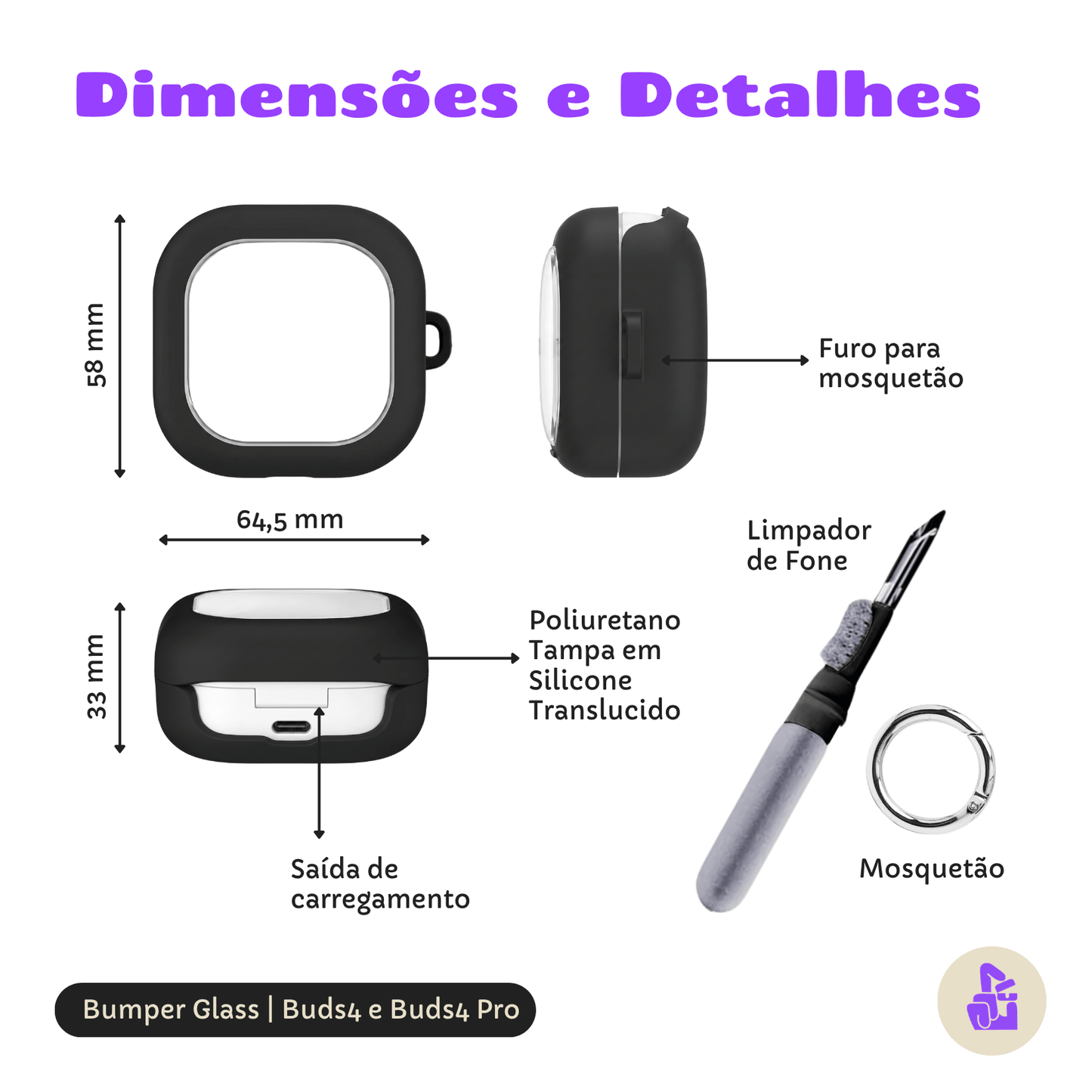 Kit Limpador para Fones e Capa Protetora Glass Nerdcase para Samsung Galaxy Buds 4, Preta e Transparente, Com Suporte Ad