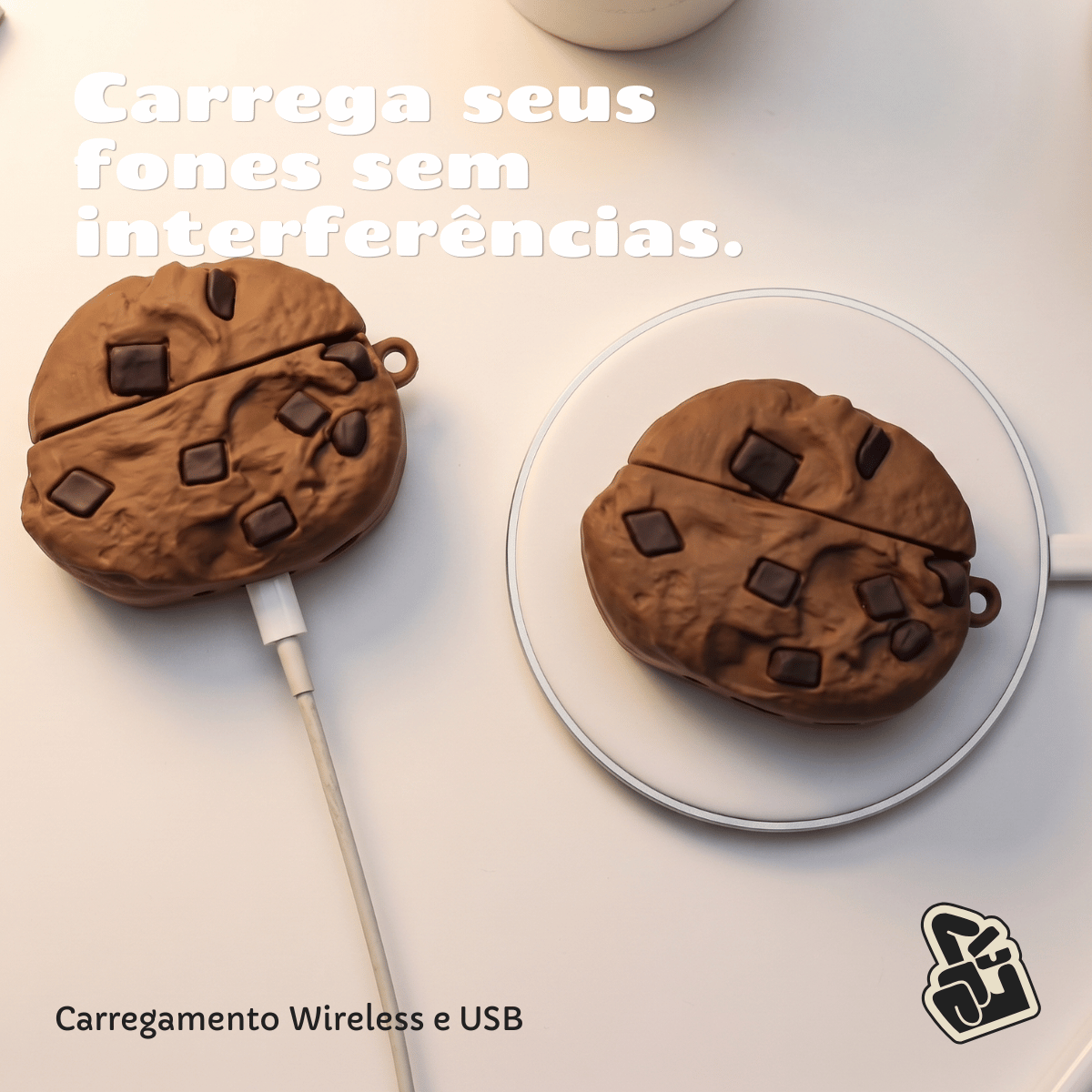 Kit Limpador para Fones e Capa Protetora de Silicone Nerdcase para AirPods Pro 1 e 2, Cookie de Chocolate