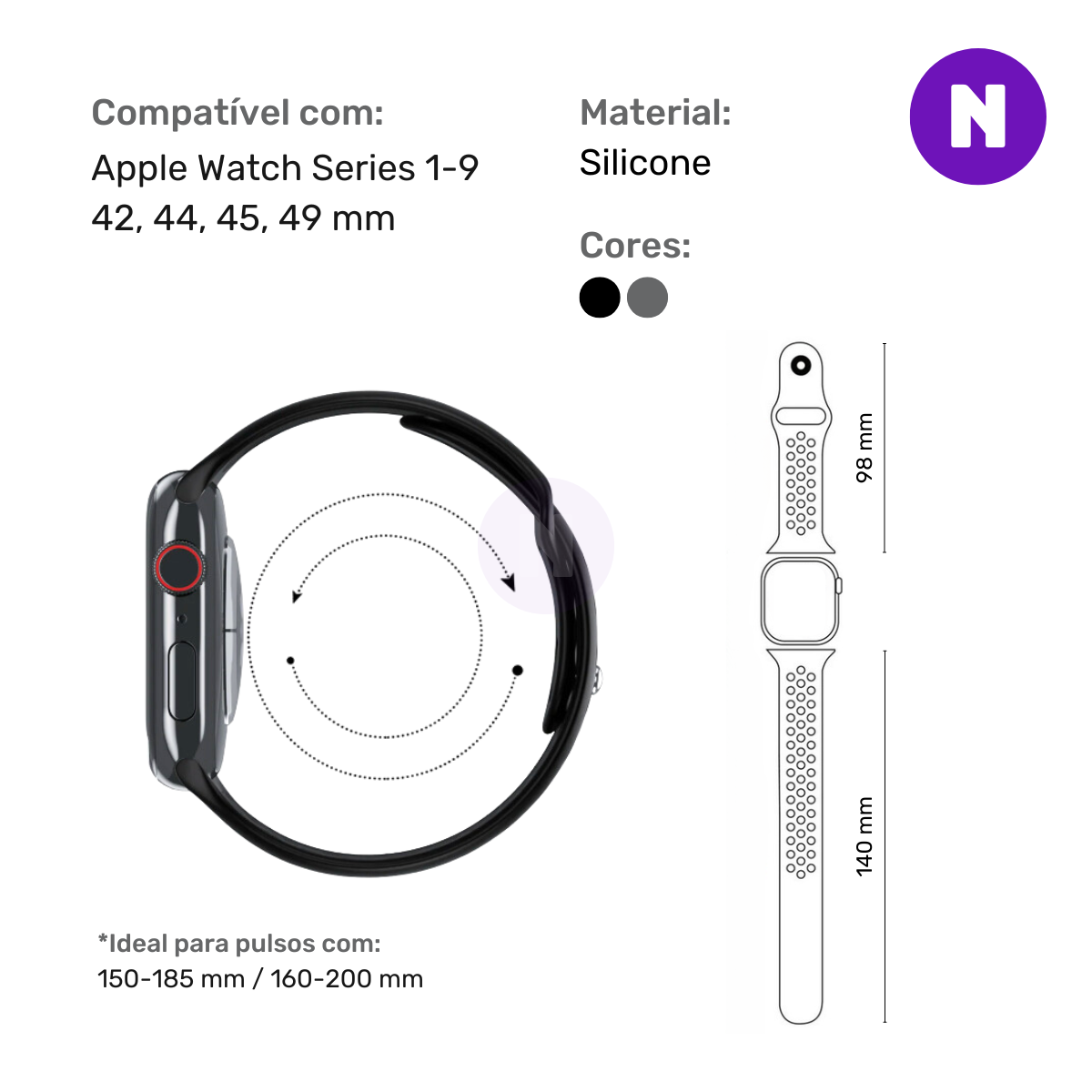 Pulseira 42/44/45/49mm para Apple Watch, Preto/Cinza