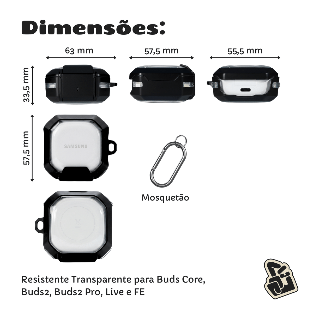 Capa Protetora Nerdcase para Galaxy Buds FE, Buds Core, Buds 2, Pro e Live, Suporte Adaptado, Resistente Transparente