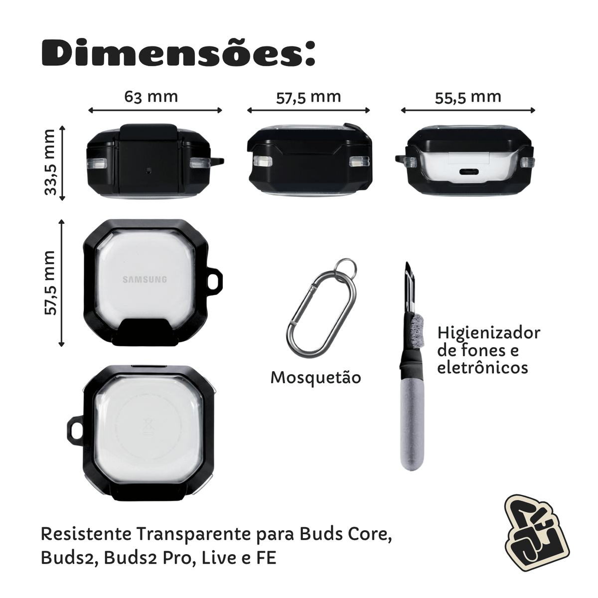 Kit Limpador para fones e Capa Nerdcase para Galaxy Buds FE, Core, 2, Pro e Live, Suporte, Resistente Transparente