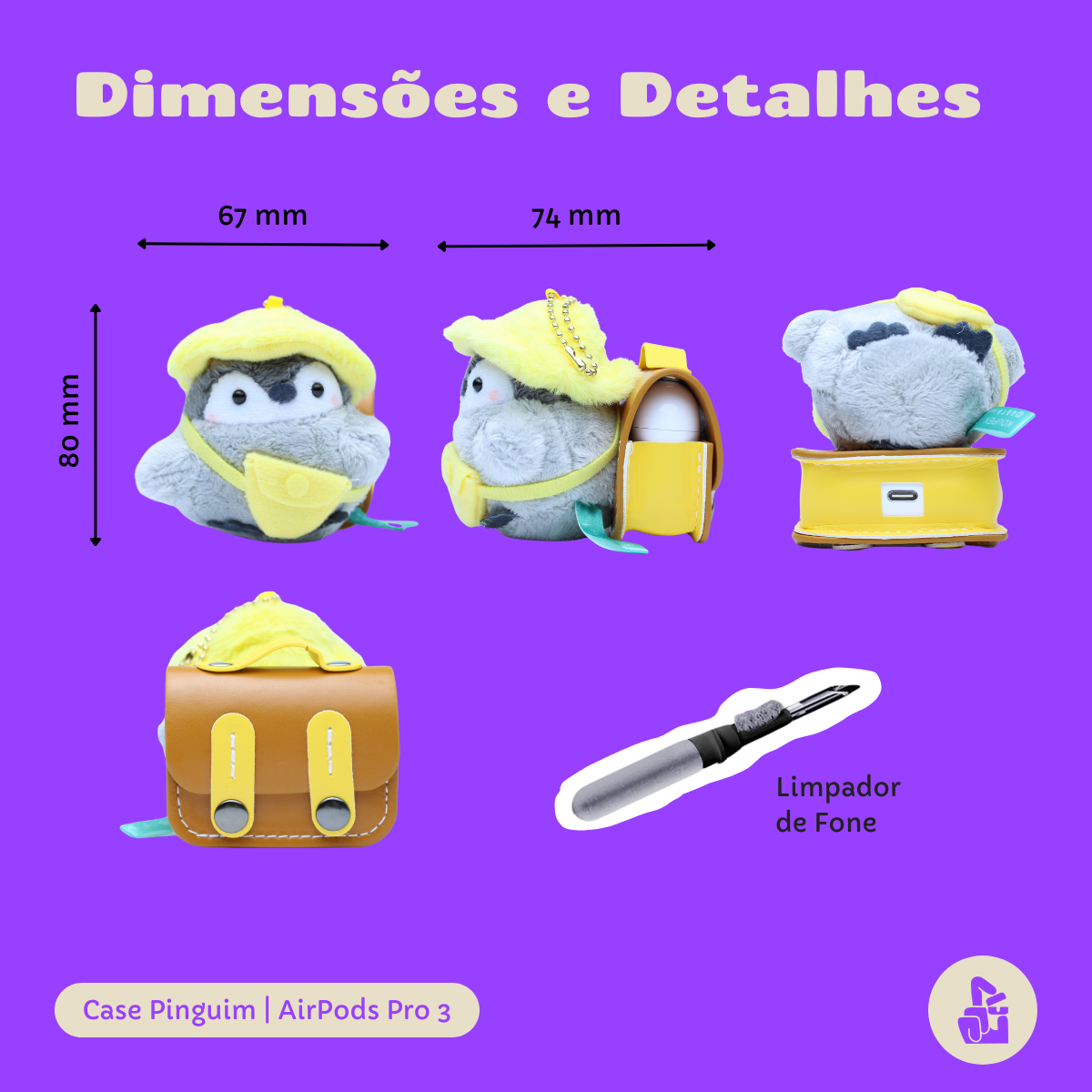Kit Limpador para Fones e Capa Protetora Nerdcase para AirPods Pro 3, Pinguim Aventureiro