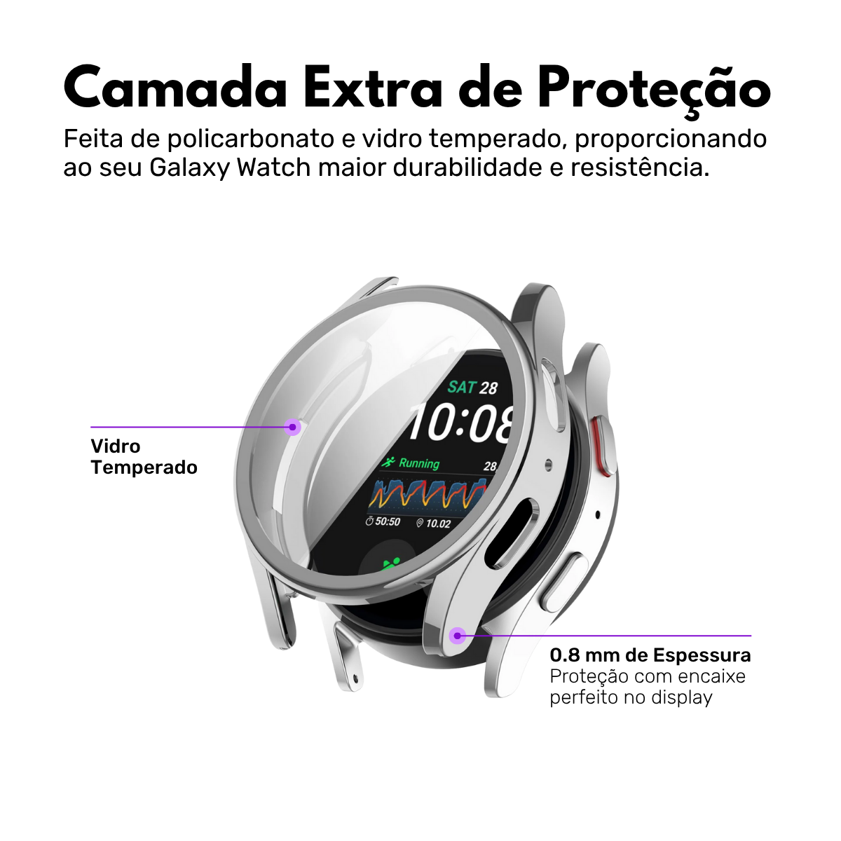 Capa com Película de  Vidro Nerdcase Compatível com Samsung Galaxy Watch 5 Pro 45mm, Prata Cromado