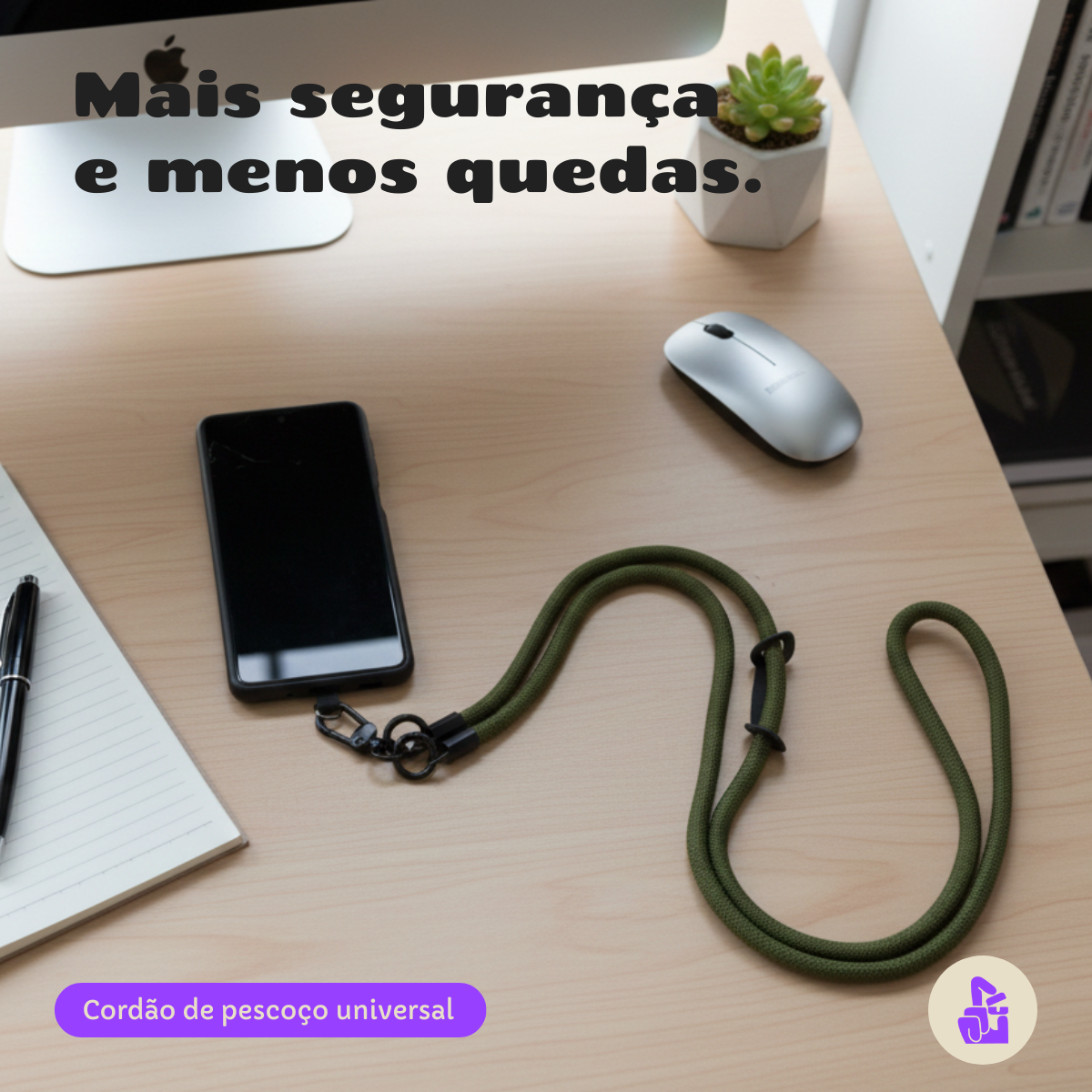 Cordão de Pescoço Universal Nerdcase para Celular, Nylon, Verde Militar (1,20m)