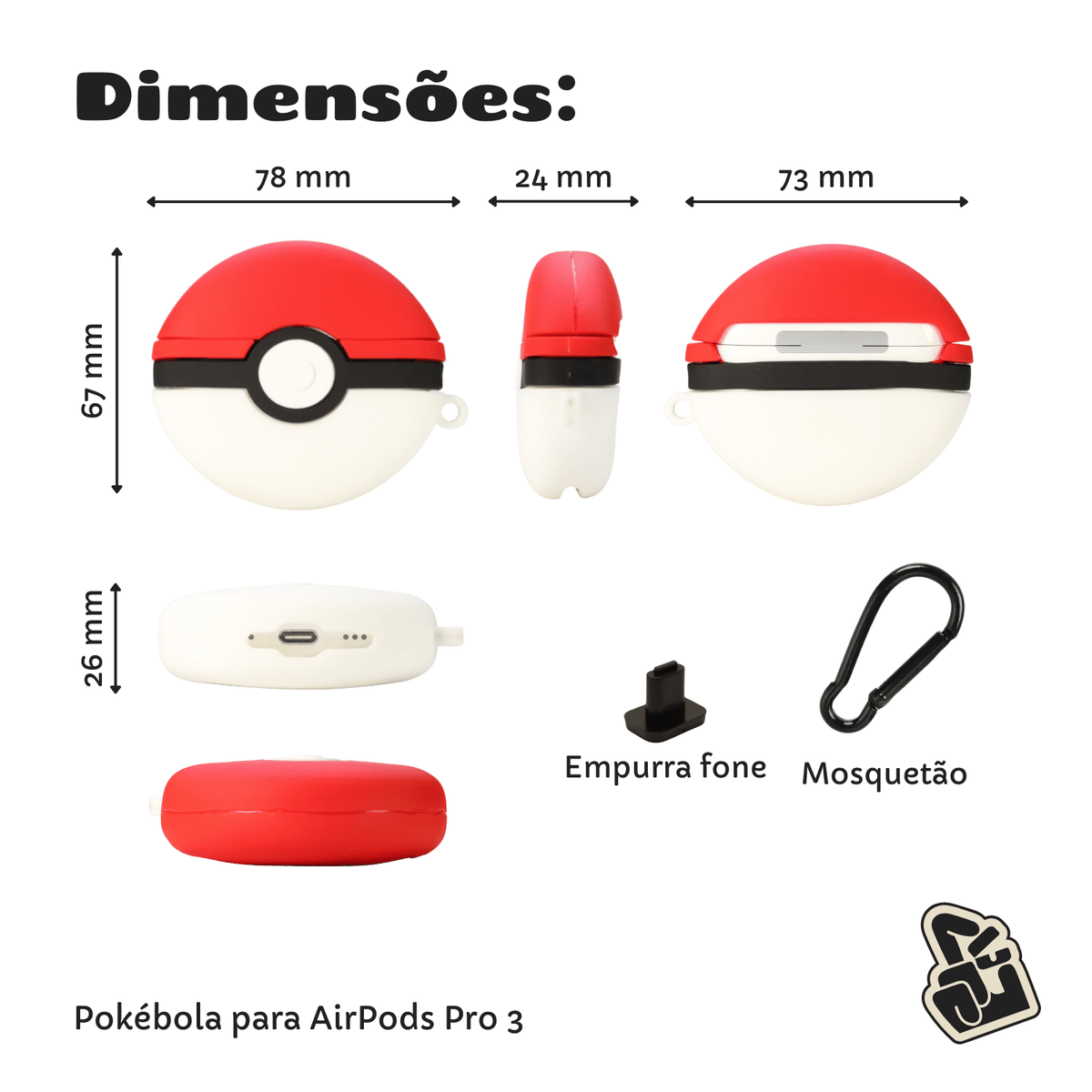 Capa Protetora Nerdcase Compatível com AirPods Pro 3, Silicone, Pokebola