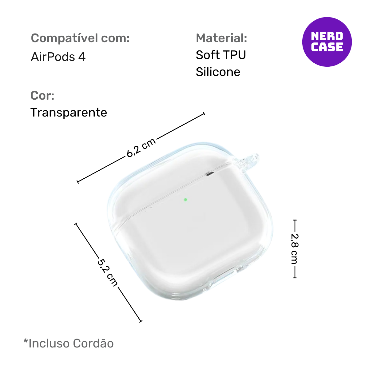 Kit Caneta de Limpeza e Capa Protetora Nerdcase Compatível com AirPods 4, Silicone Flexível, Transparente