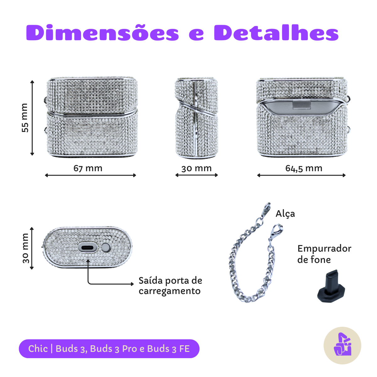 Capa Protetora Chic Nerdcase para Samsung Galaxy Buds 3, Buds Pro 3, Buds3 FE, Strass Prata