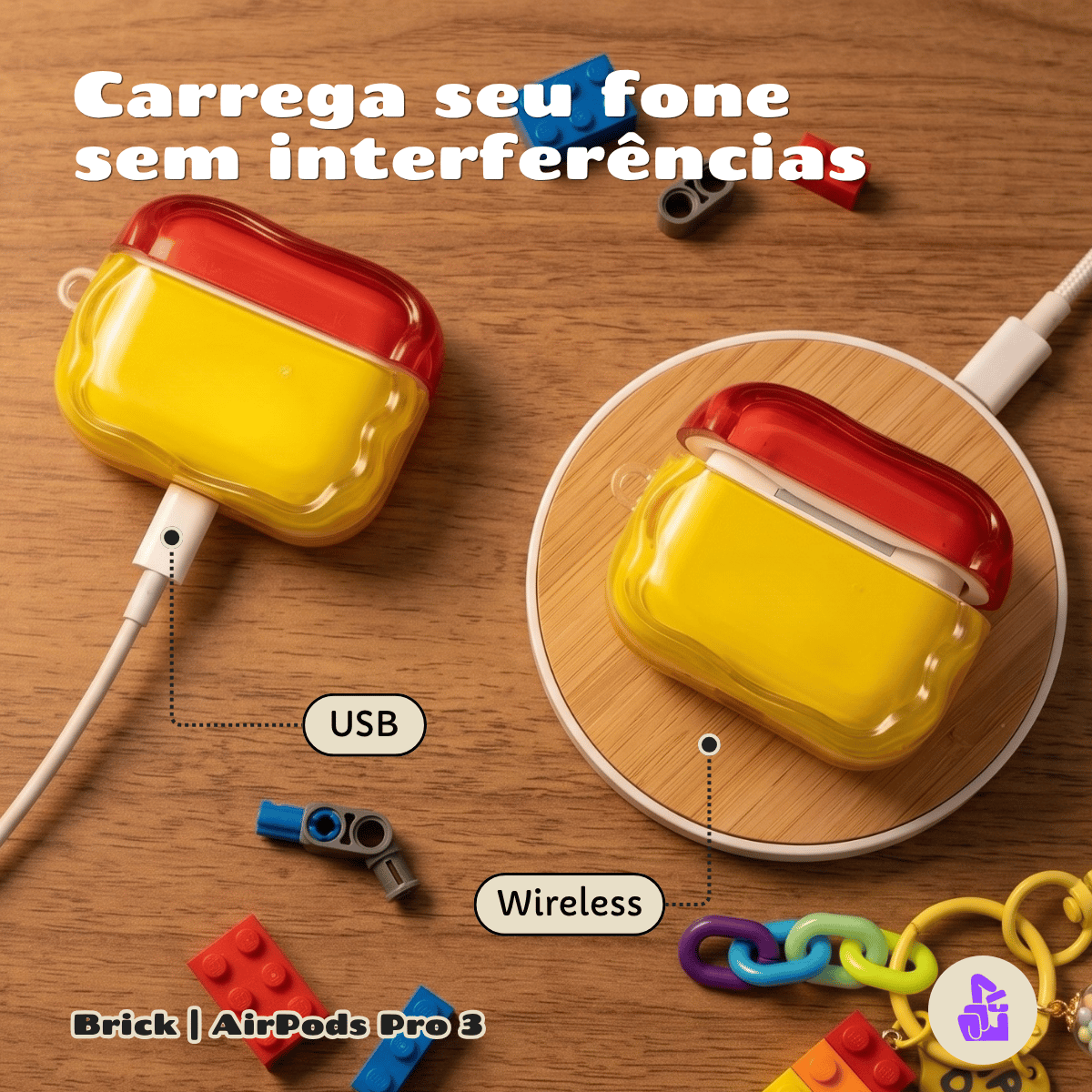 Kit Limpador para Fones e Capa Protetora de Silicone Nerdcase para AirPods Pro 3, Lego Brick