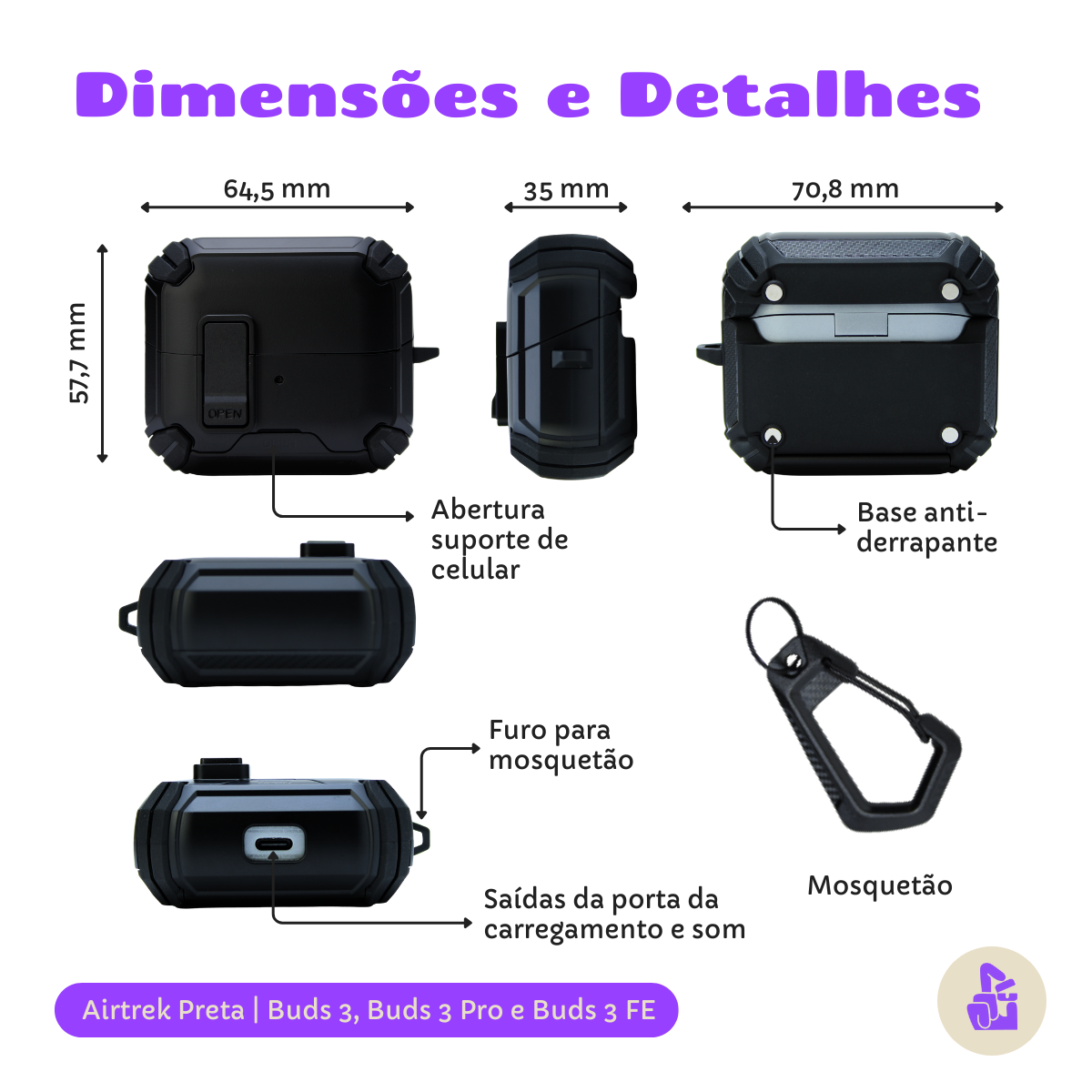 Capa Protetora Airtrek Nerdcase para Samsung Galaxy Buds 3, Buds Pro 3, Buds3 FE, Suporte Adaptado, Preto