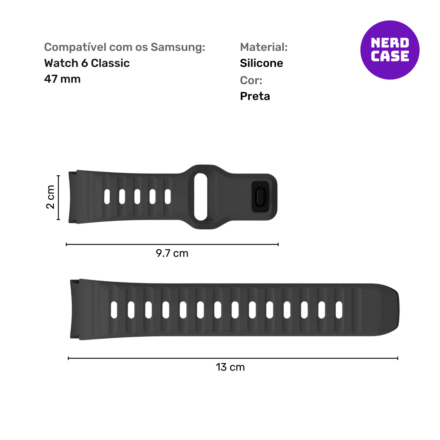 Pulseira 20mm entre Pinos para Samsung Galaxy Watch, Silicone, Preto