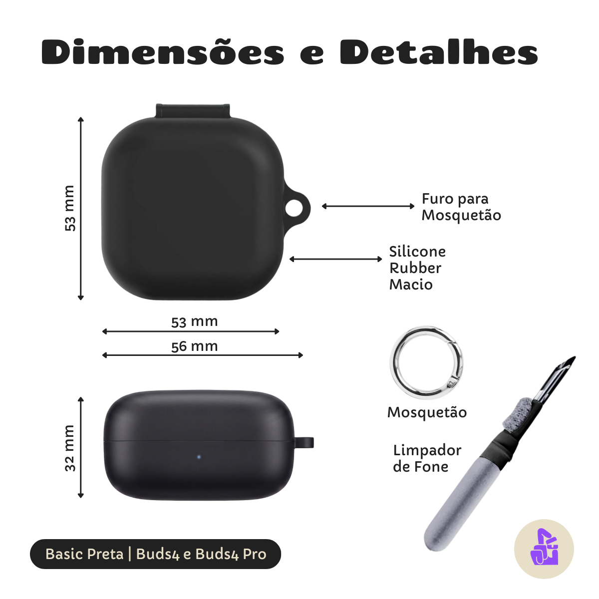 Kit Limpador para Fones e Capa Protetora Nerdcase para Samsung Galaxy Buds 4, Silicone Preto