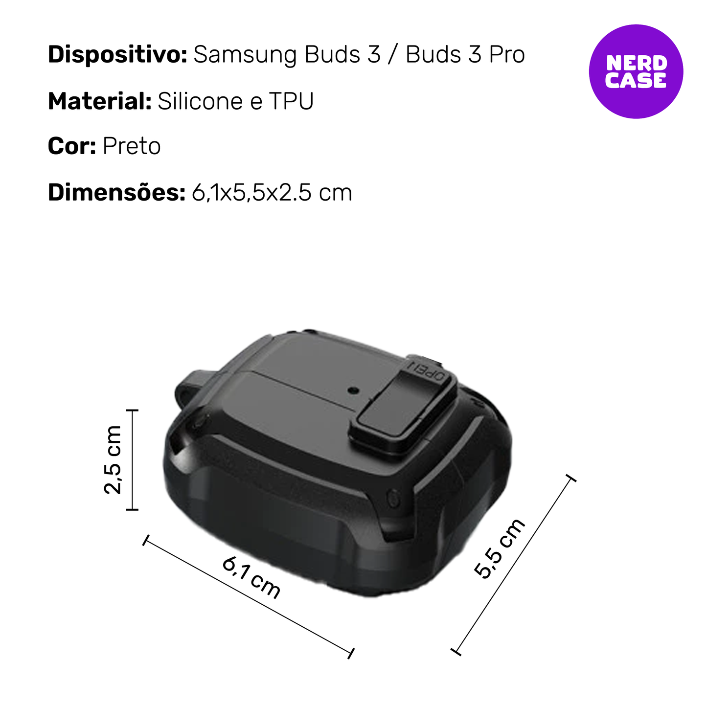 Kit Caneta de Limpeza e Capa Protetora Nerdcase Compatível com Samsung Galaxy Buds 3, 3 Pro, 3 Fe, Resistente Preta