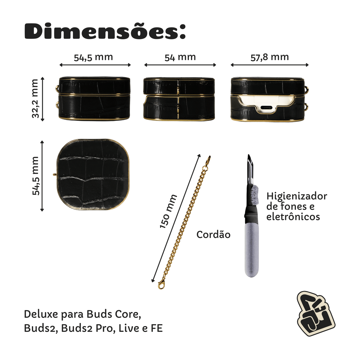 Kit Limpador para Fones e Capa Protetora Nerdcase para Galaxy Buds FE, Buds Core, Buds 2, Live e Pro, Couro Sintético, D