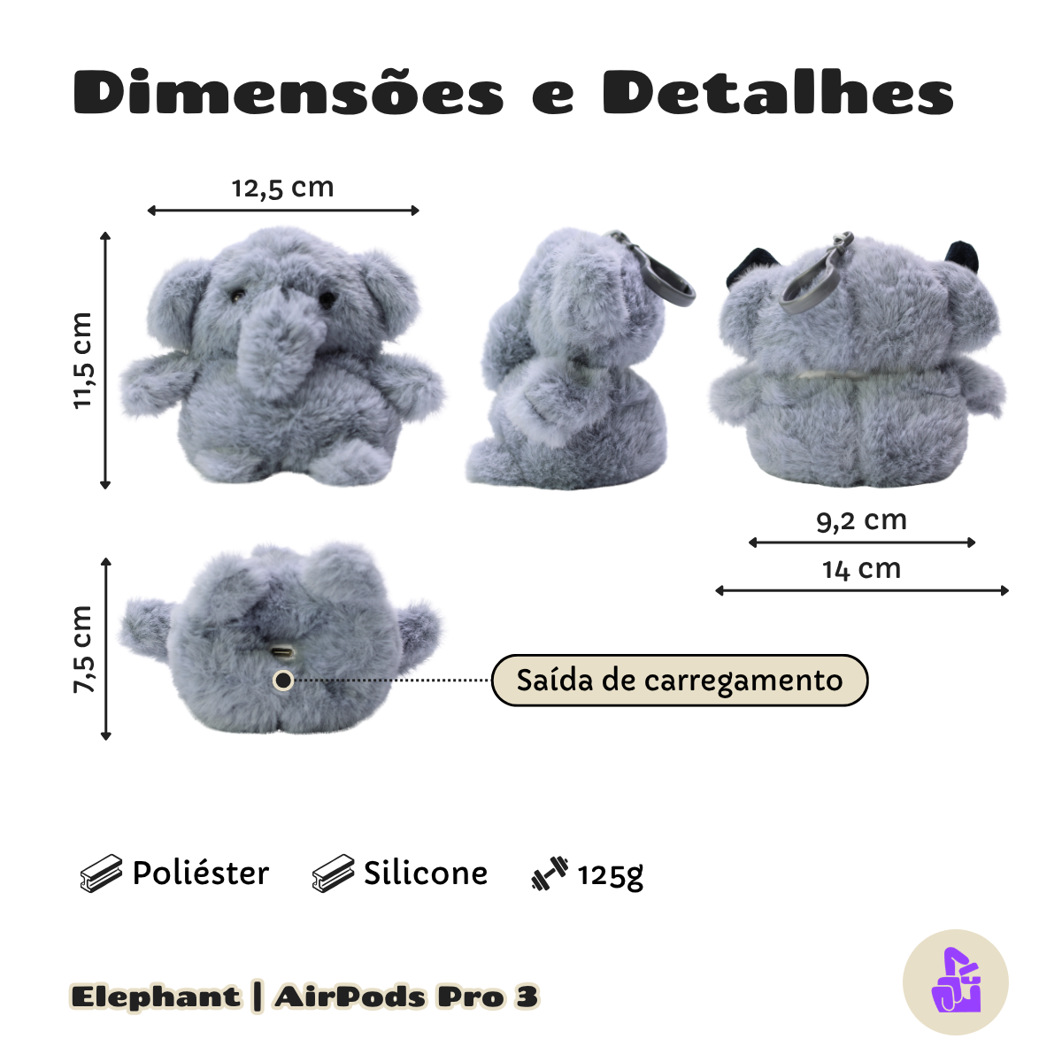 Kit Limpador para Fones e Capa de Pelúcia Nerdcase para AirPods Pro 3, Elefante Cinza