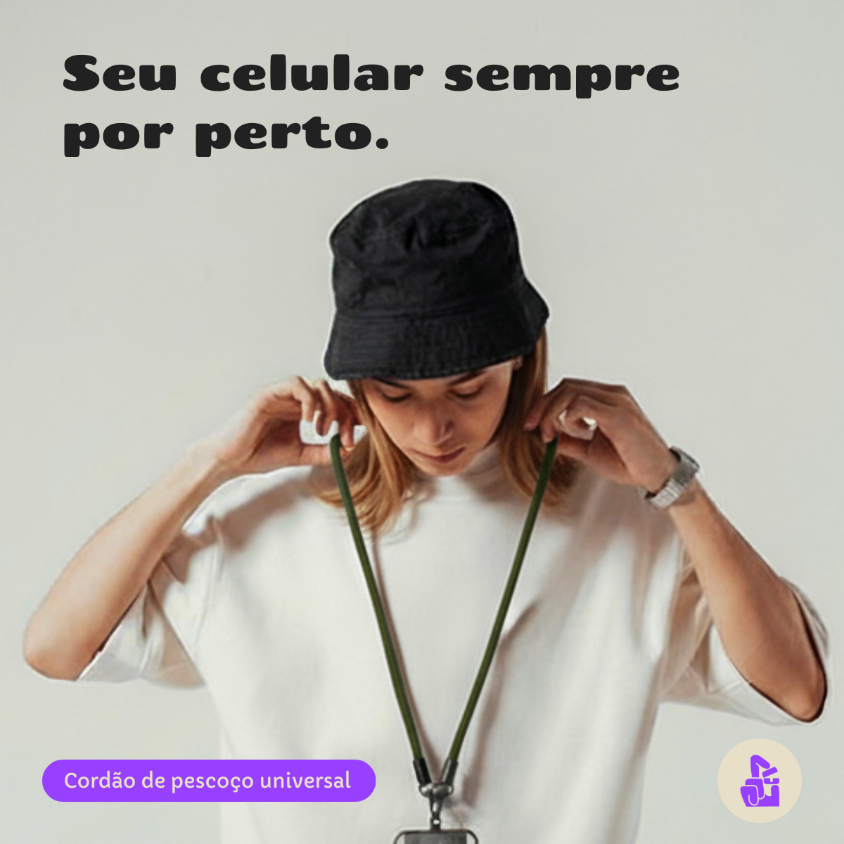 Cordão de Pescoço Universal Nerdcase para Celular, Nylon, Verde Militar (1,20m)