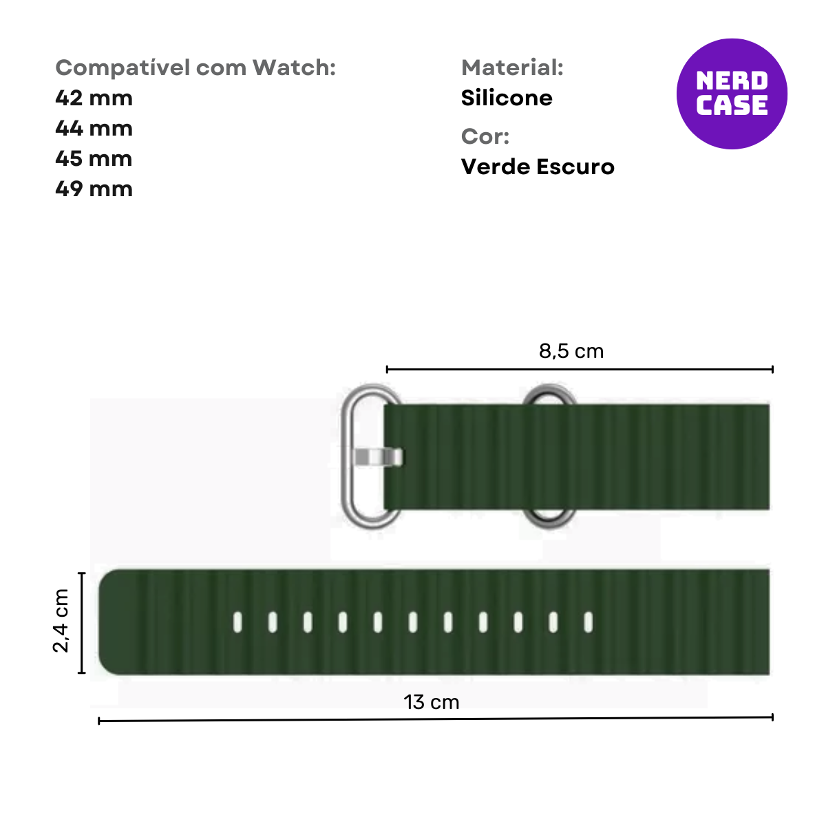 NERDCASE, Pulseira Ocean de Silicone, Compatível com Apple Watch 1-9, 42/44/45/49mm, Verde