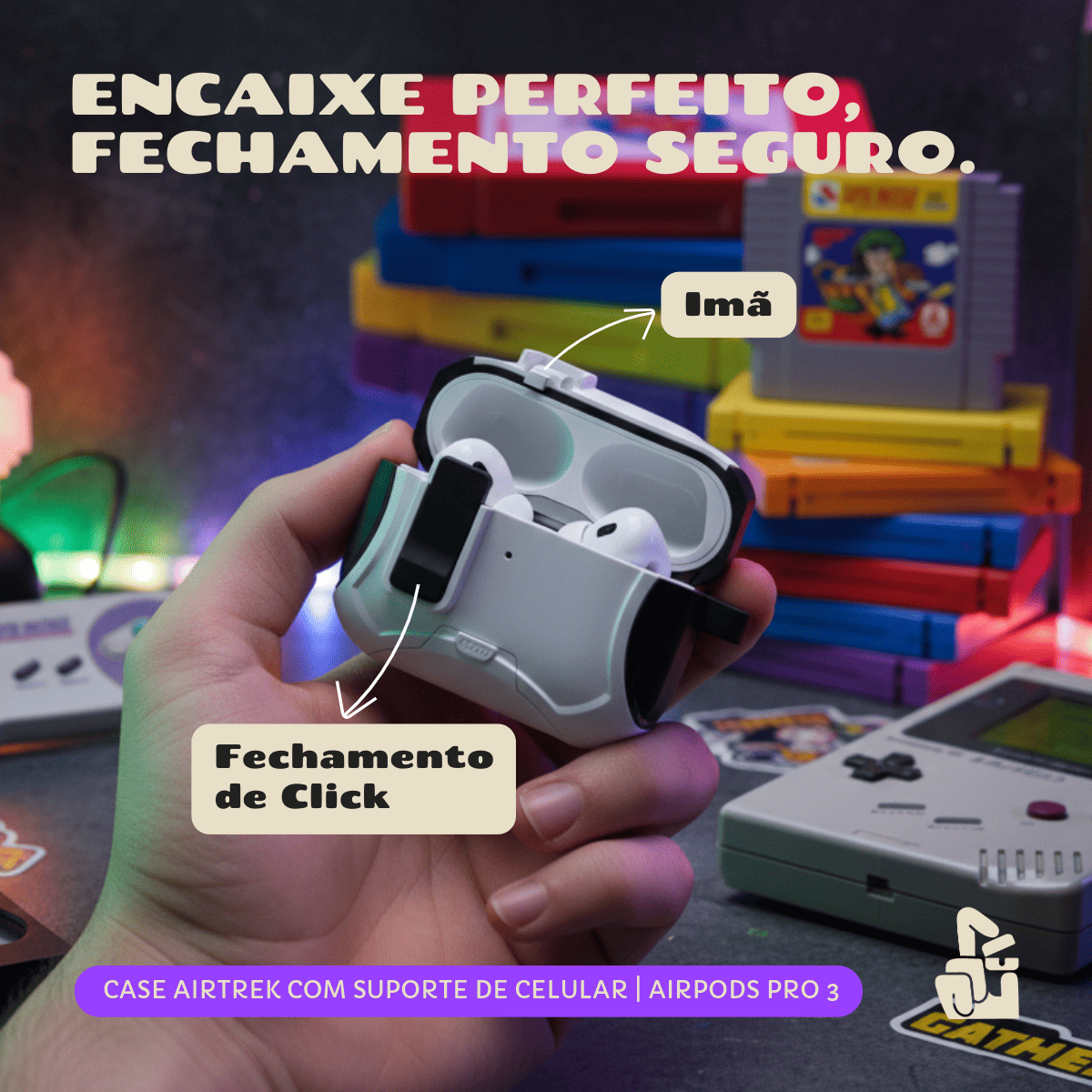Kit Limpador para Fones e Capa Protetora Airtrek Nerdcase para AirPods Pro 3, Suporte Adaptado, Preto e Branco