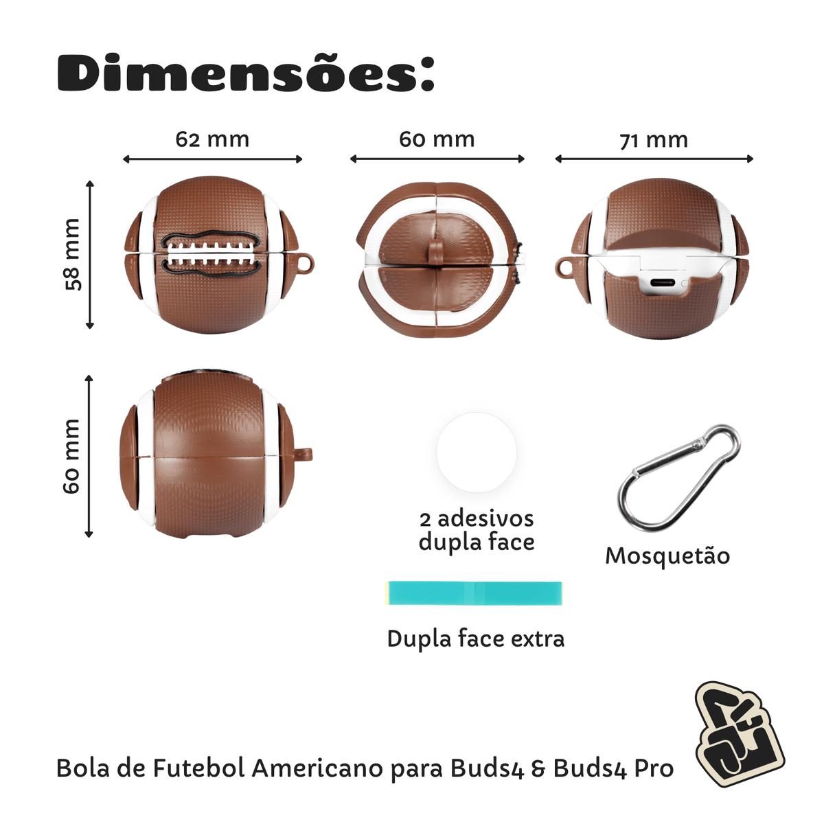Capa Protetora Nerdcase para Samsung Galaxy Buds 4, Buds 4 Pro, Silicone, Bola de Futebol Americano