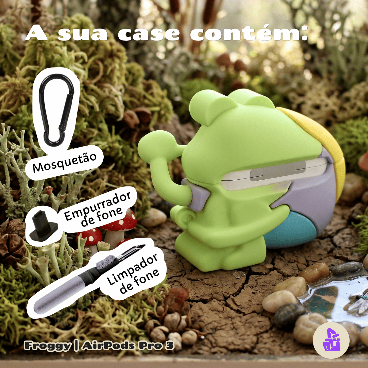 Kit Limpador para Fones e Capa Protetora de Silicone Nerdcase para AirPods Pro 3, Peixe Froggy