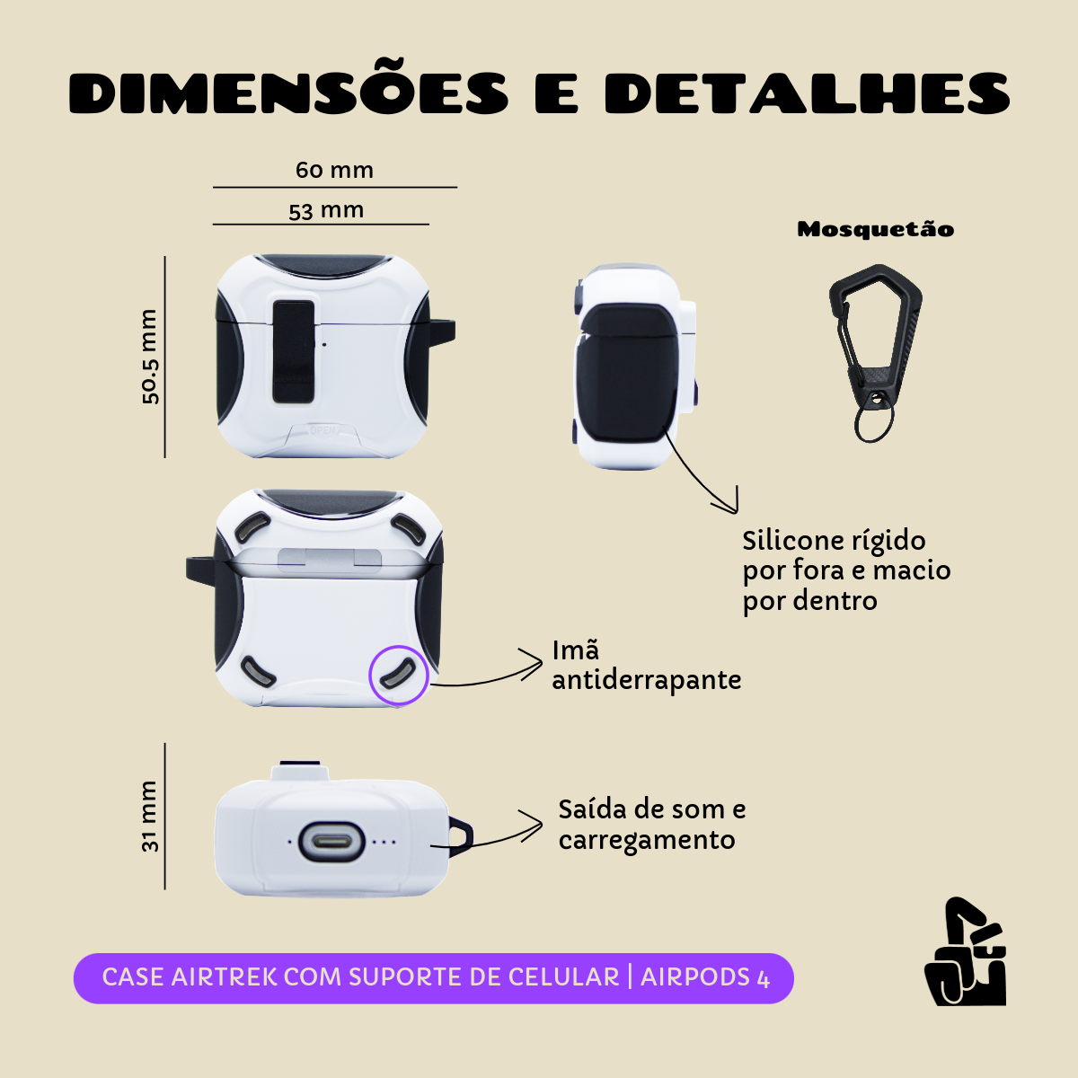 Capa Airtrek Nerdcase para AirPods 4, Suporte Adaptado, Preto e Branco