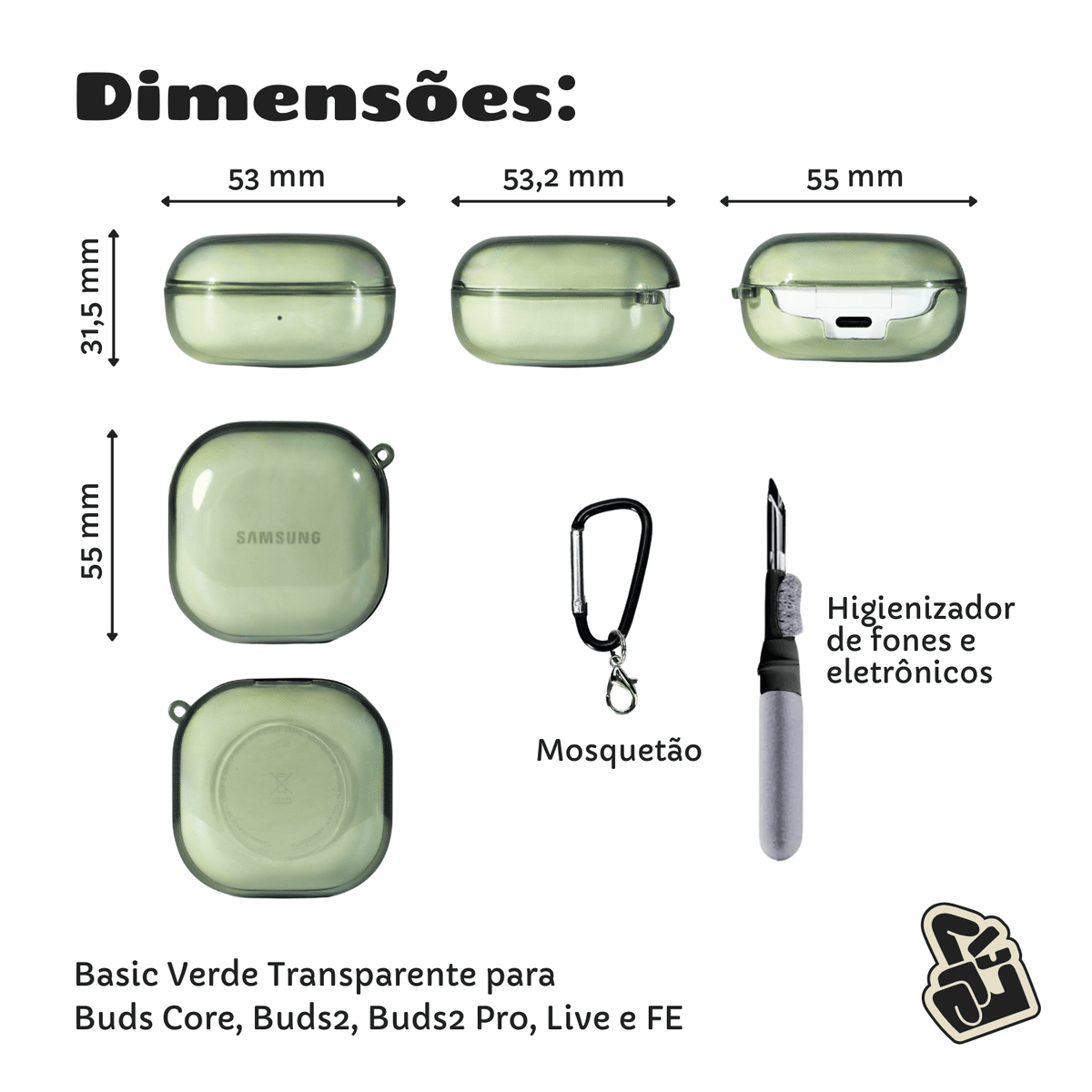 Kit Limpador para Fones e Capa Protetora Nerdcase para Galaxy Buds 2, Core, FE, Live e Pro, Silicone, Verde Transparente